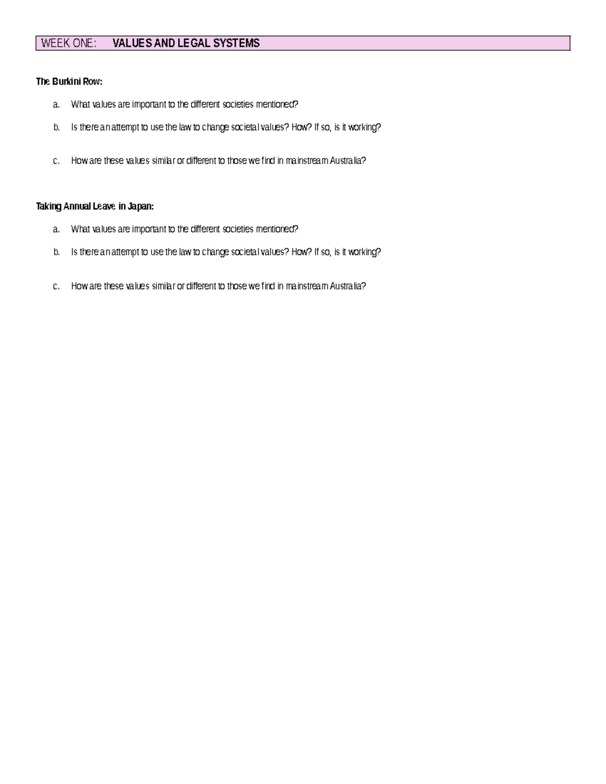 WEEK ONE: VALUES & LEGAL SYSTEMS - Study Notes - Studocu