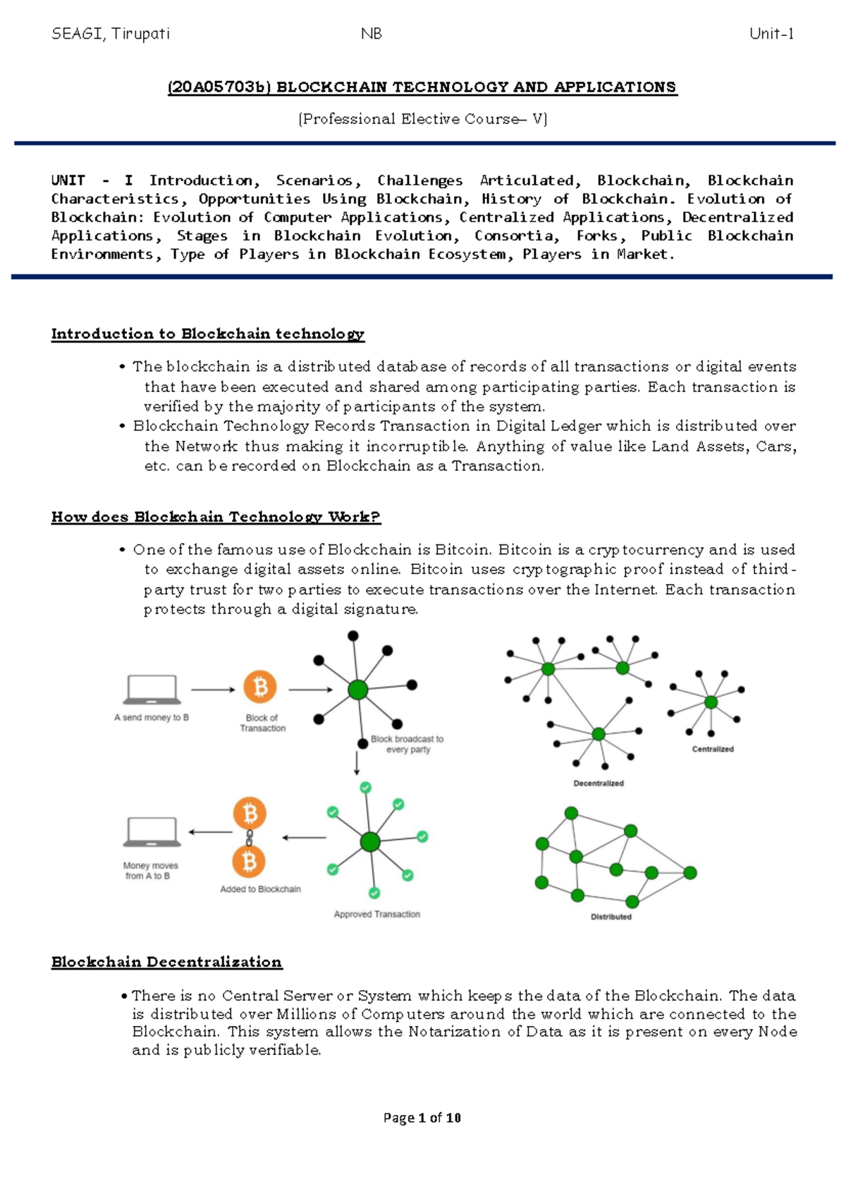 SEAGI, Tirupati NB (20A05703b) Blockchain Technology: Unit I Overview ...