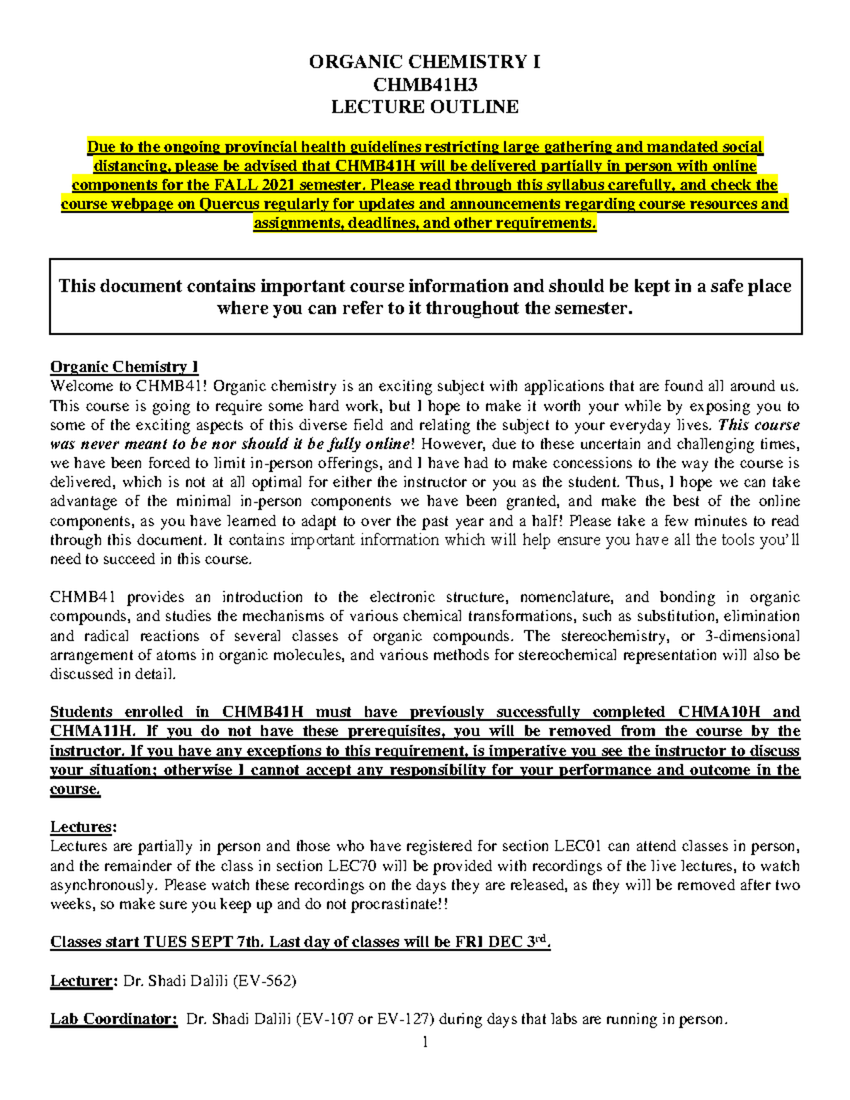 CHMB41 Fall 2021 syllabus - CHMB41 - U of T - Studocu