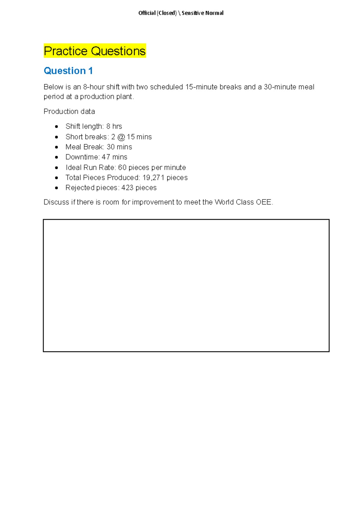 Practice Questions for Production & Design of Experiments (ENGR 101 ...