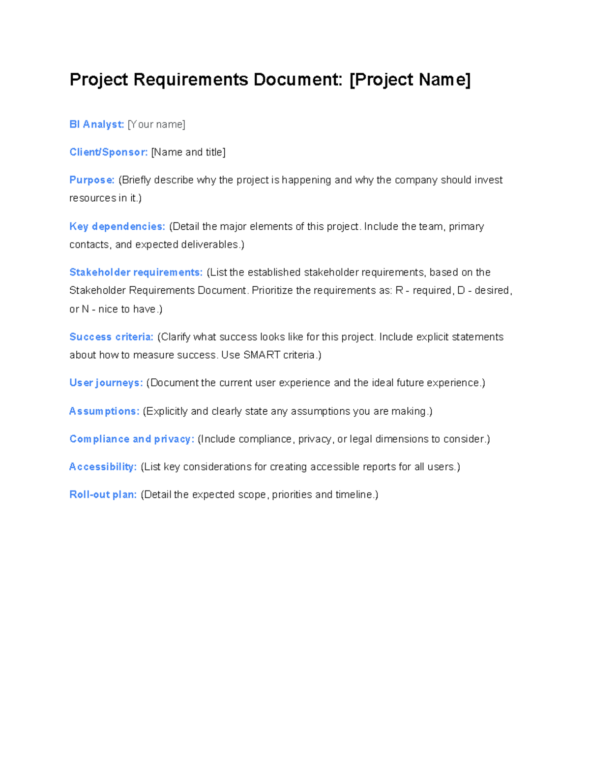 Project Requirements Document Template for BI Analysts - Studocu
