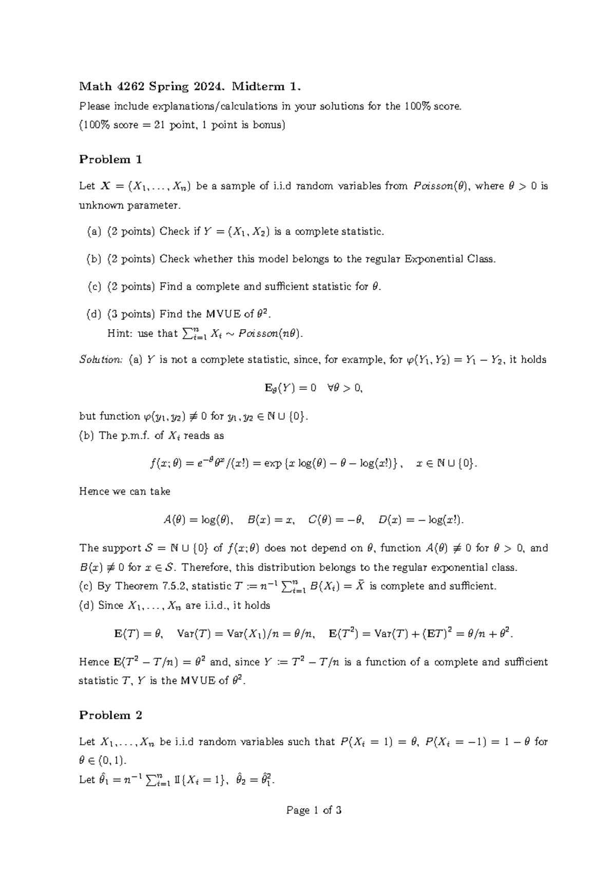 Math4262 Spring 2024 Midterm 1 Complete Solutions and Explanations ...