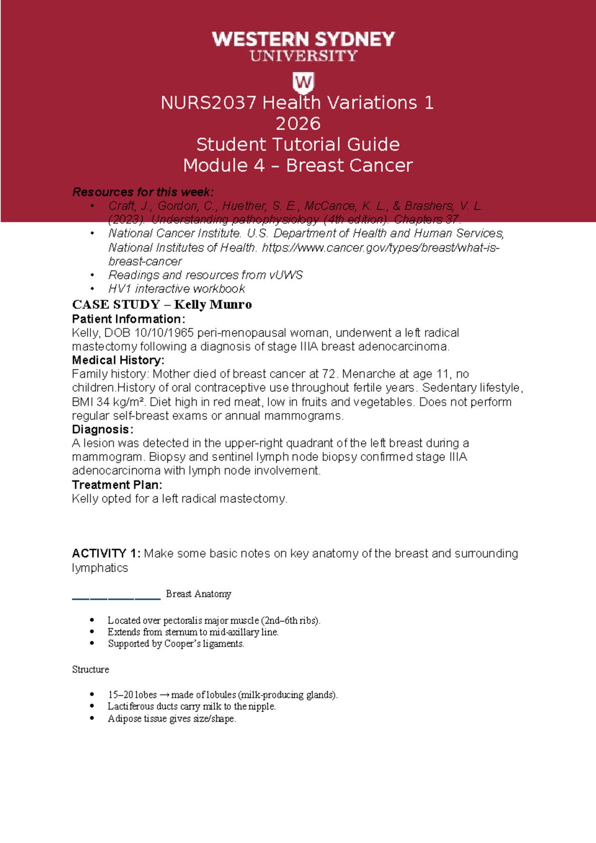 NURS2037 Module 4 Breast Cancer Case Study & Resources Guide 2026 - Studocu