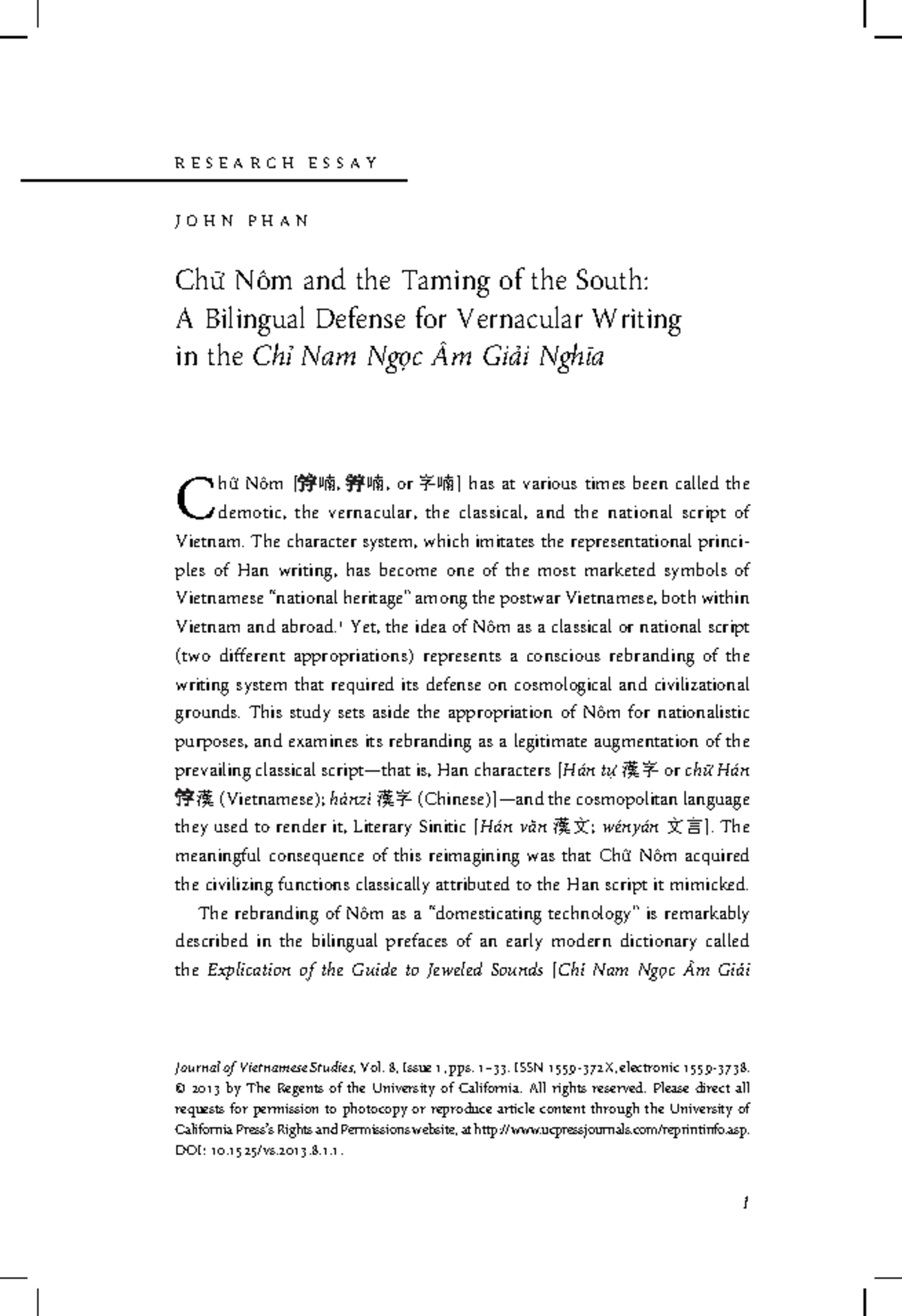 RESEARCH ESSAY: Chữ Nôm and the Taming of the South - A Bilingual ...