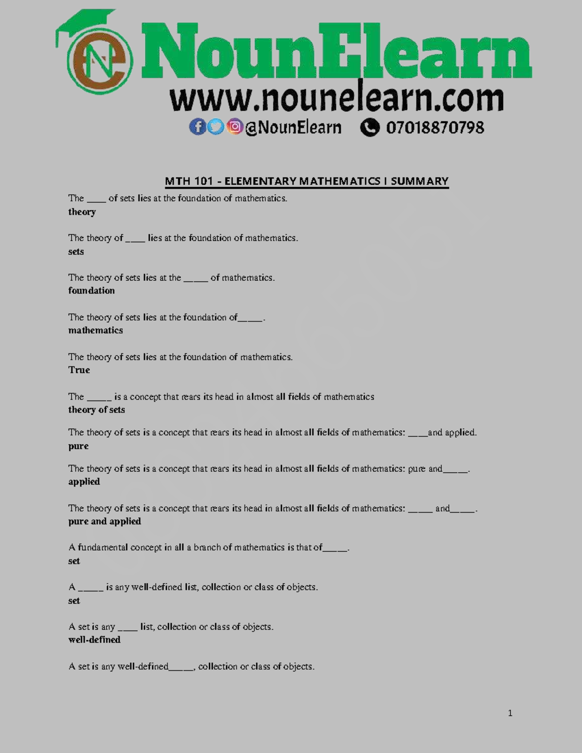 MTH 101 ELEMENTARY MATHEMATICS I EXAM SUMMARY - Studocu