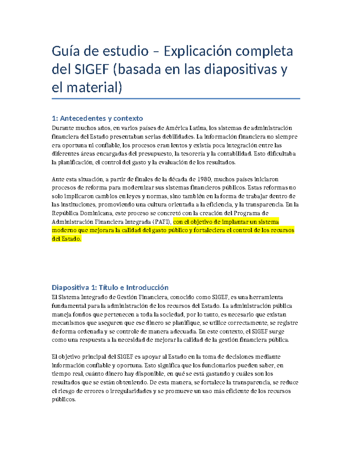 Guía de Estudio Completa del SIGEF: Contexto y Objetivos - Studocu