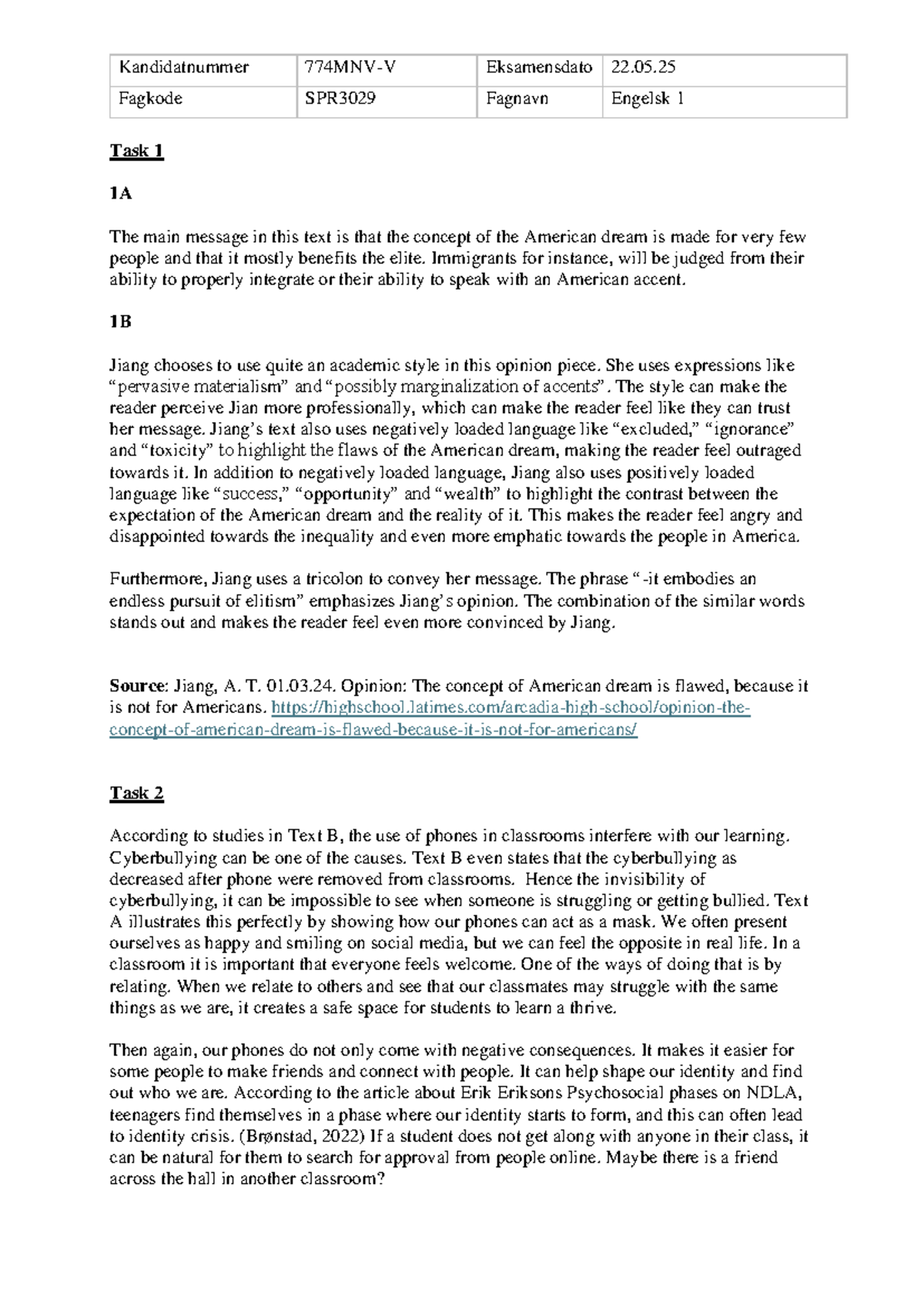 SPR3029 Engelsk 1 Exam: Analyzing the American Dream & Code Switching ...