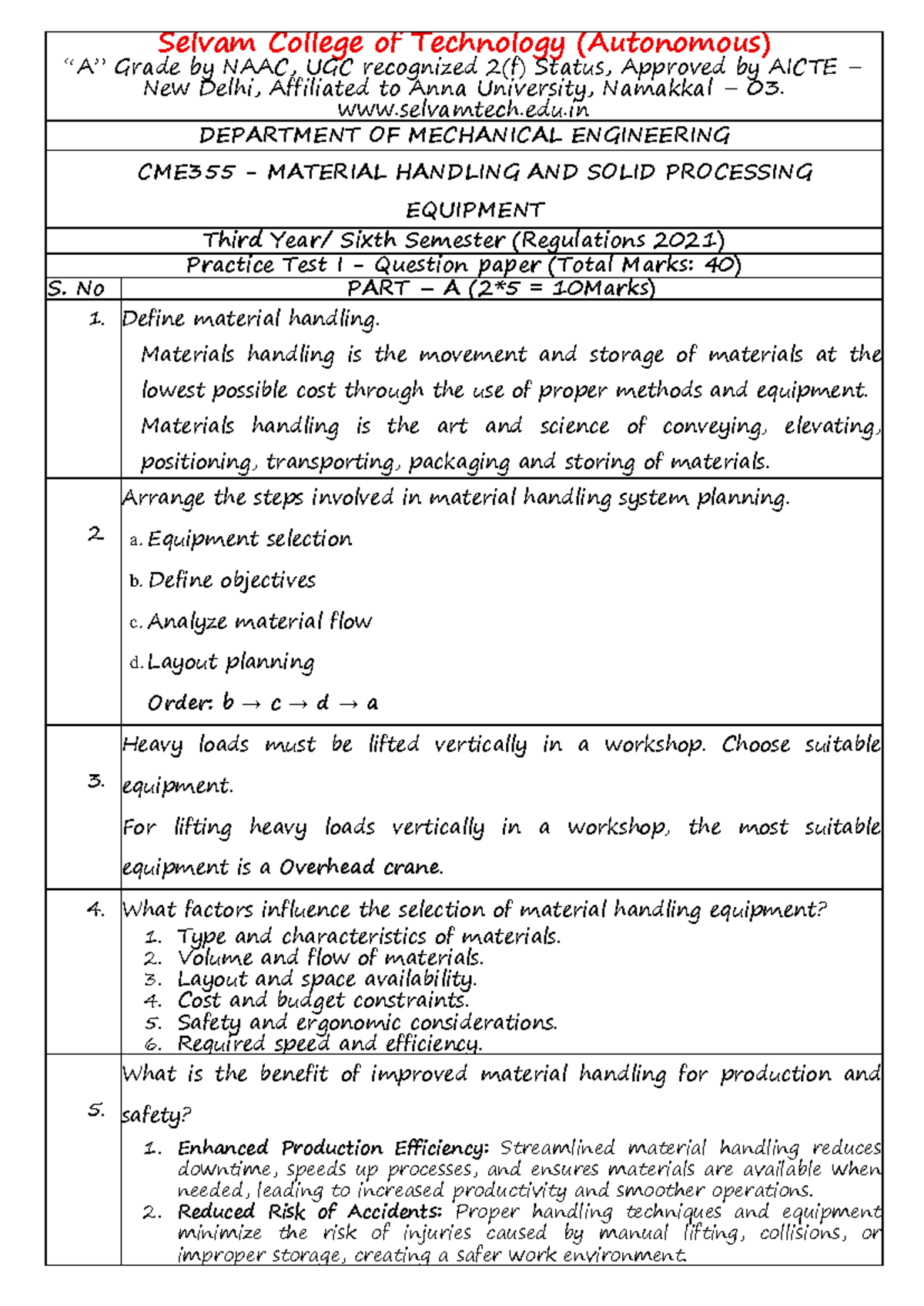CME355 Material Handling & Solid Processing Practice Test I Q&A - Studocu