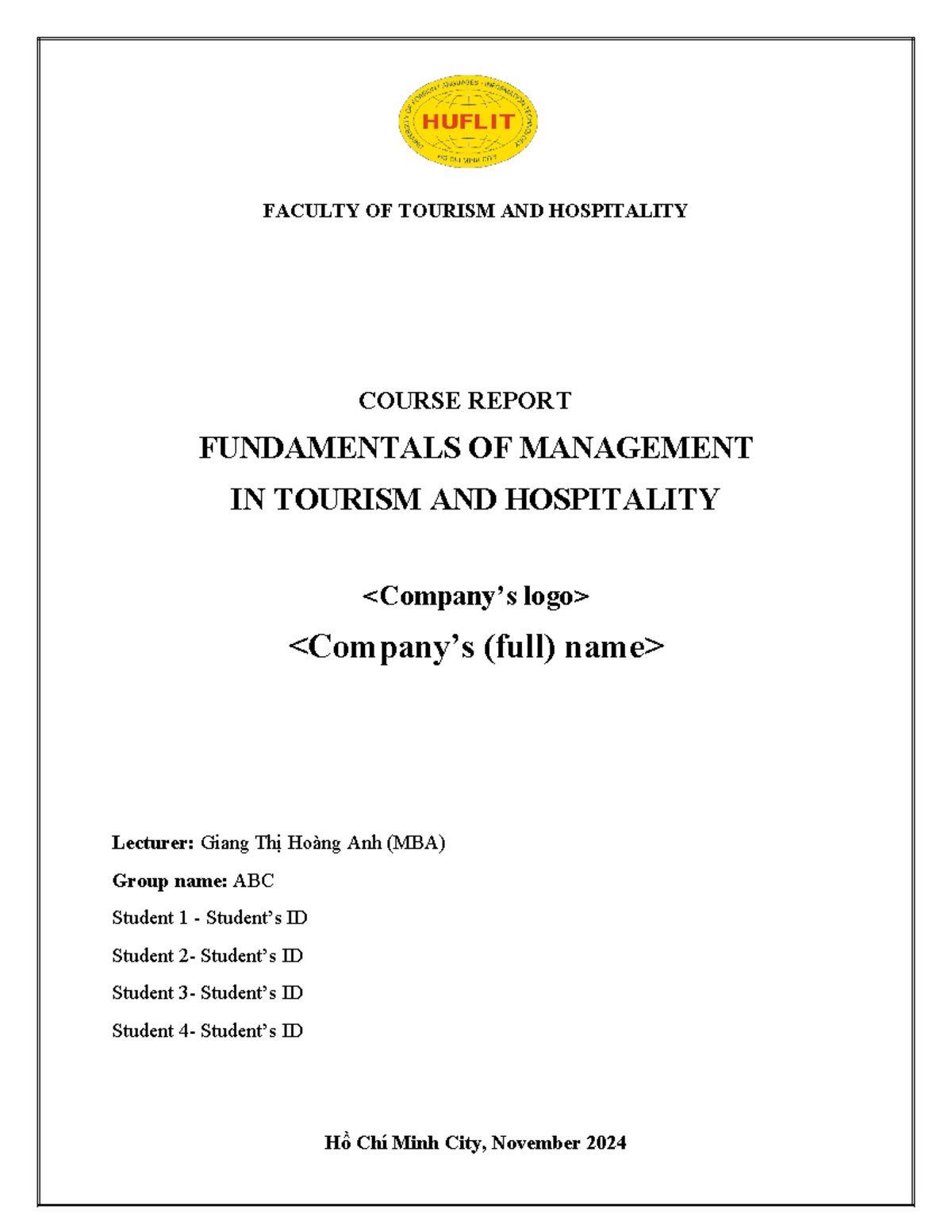 FM-report-template - sda - FACULTY OF TOURISM AND HOSPITALITY COURSE ...