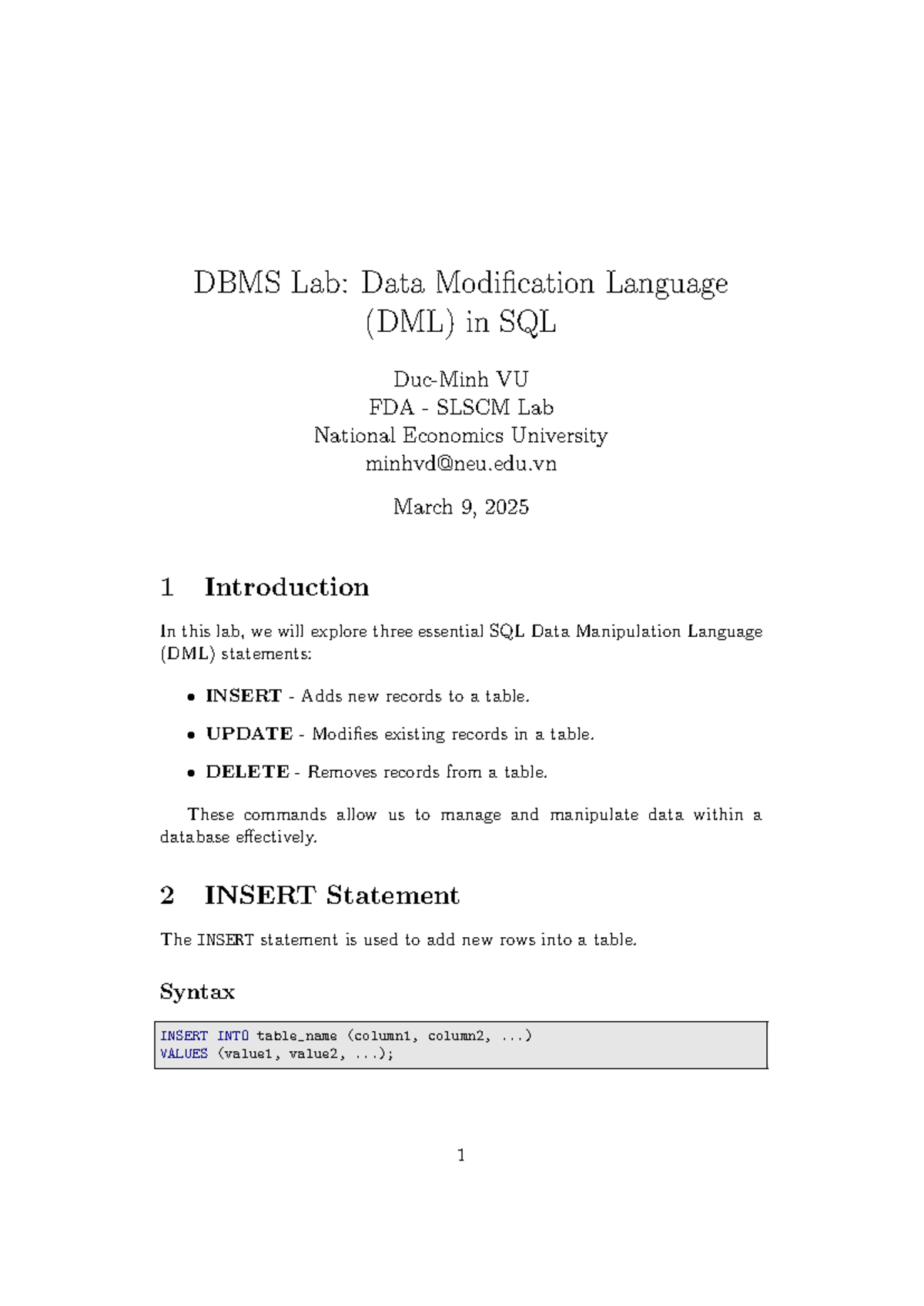 DBMS Lab: DML Techniques in SQL (VU FDA SLSCM) - Studocu