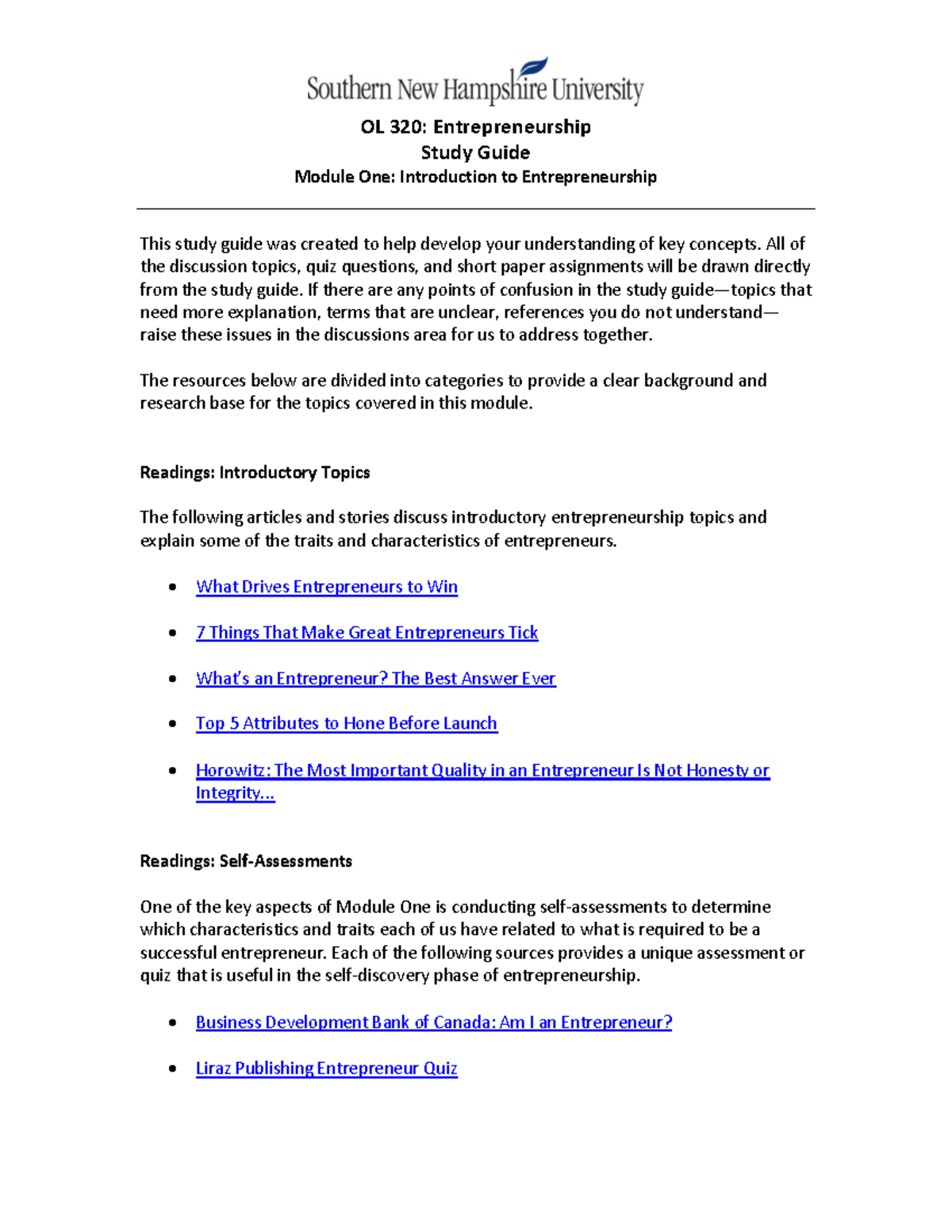 OL 320 Module One Study Guide - OL 320: Entrepreneurship Study Guide ...