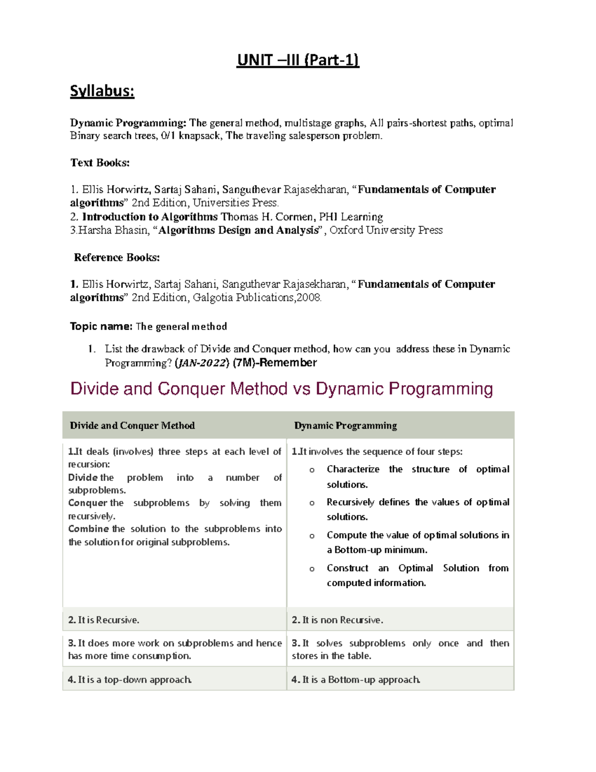Dynamic Programming: UNIT-III Part A Question Bank with Answers - Studocu