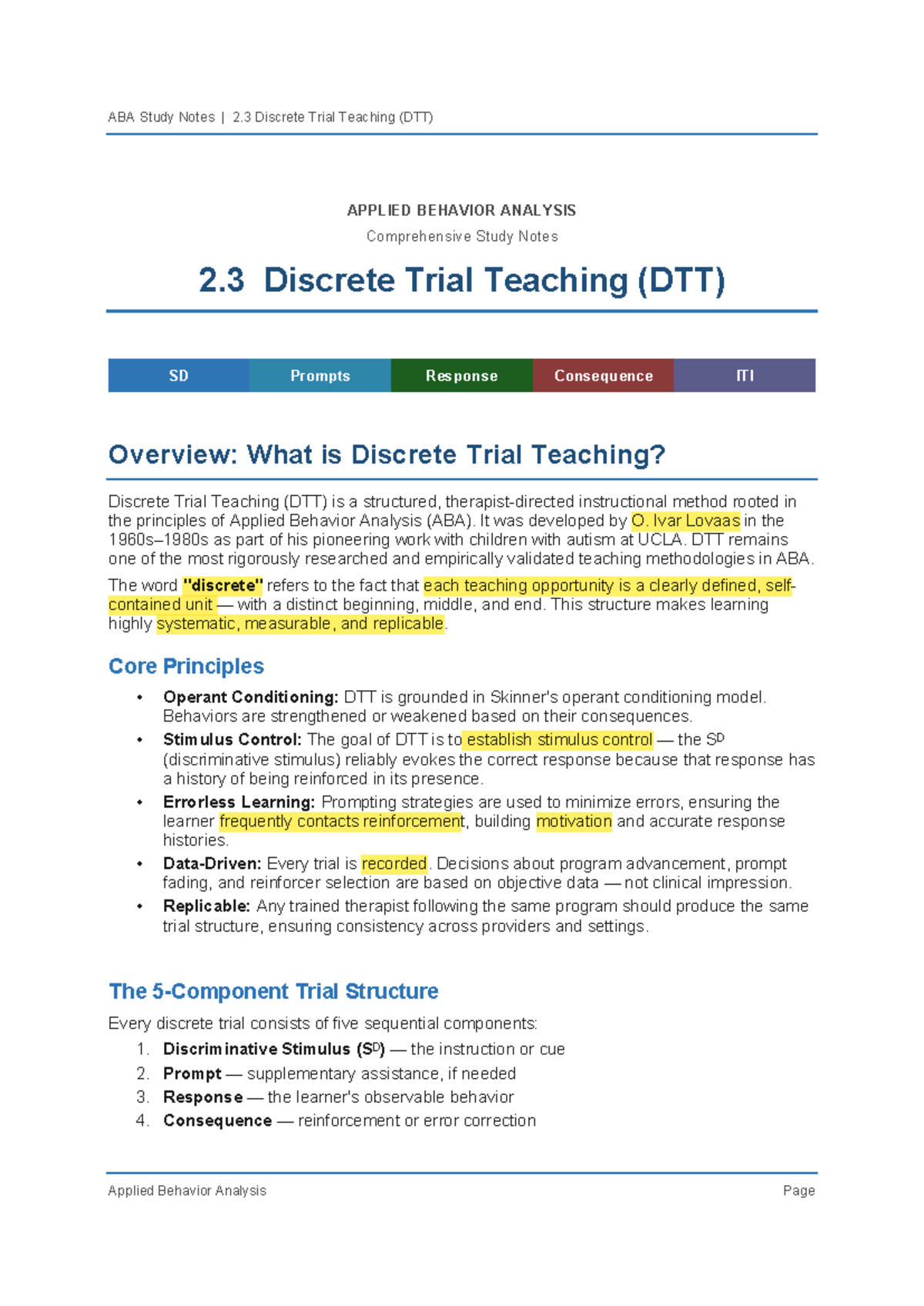 ABA Study Notes: 2.3 Discrete Trial Teaching (DTT) Overview - Studocu