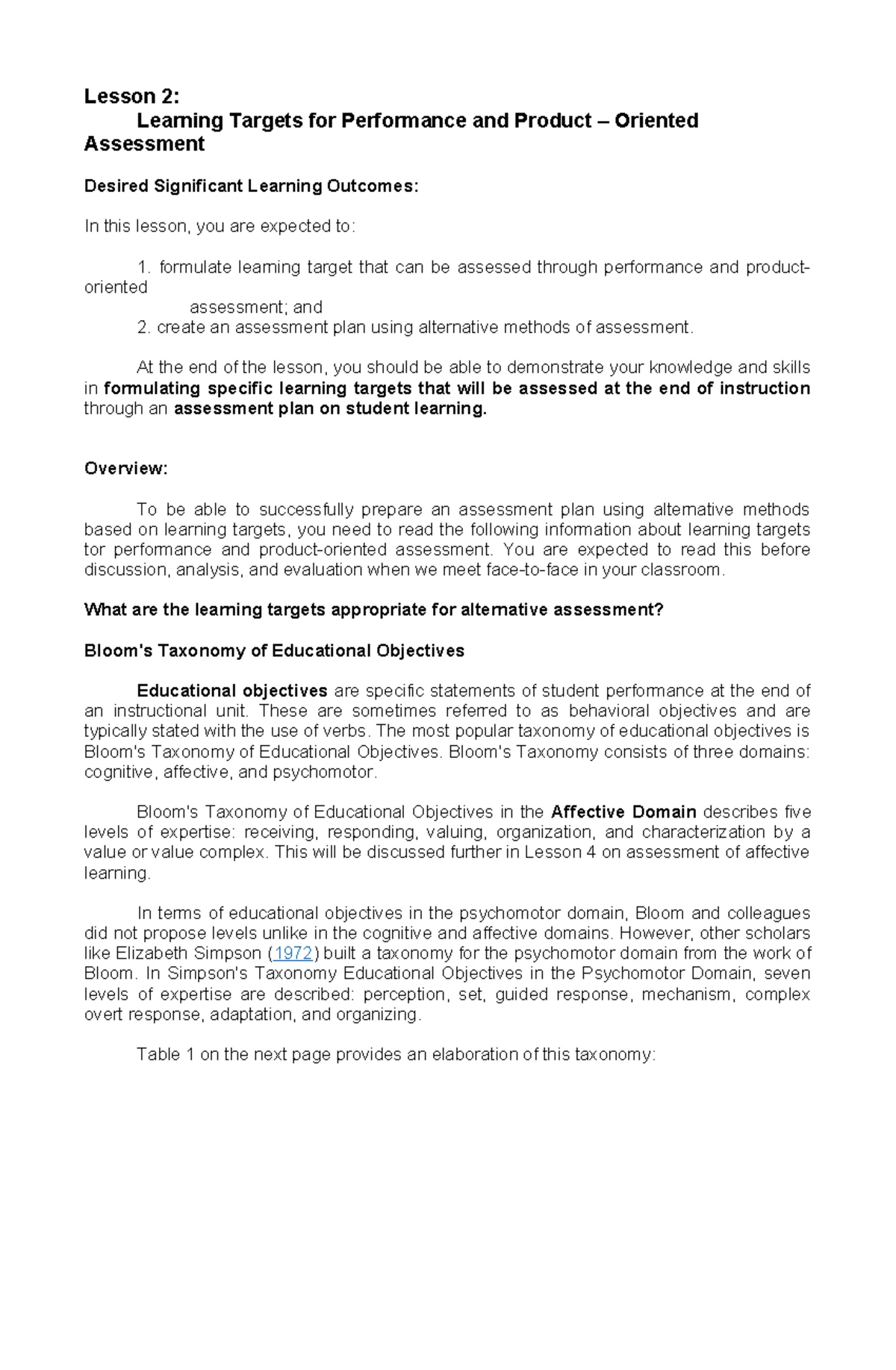 Lesson 3: Performance Assessment Tools and Learning Outcomes (Ed10 ...
