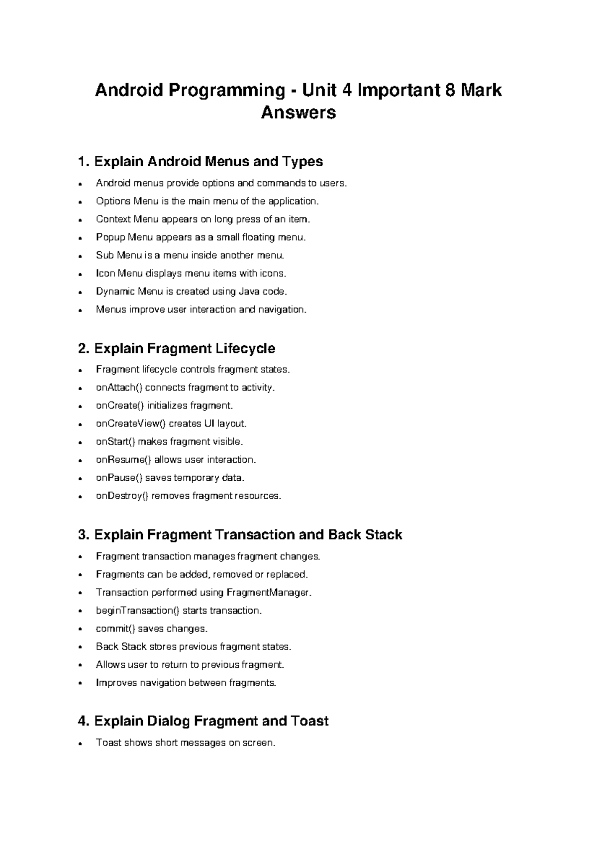 Unit 4 Android Programming 8 Mark Answers Explained - Studocu