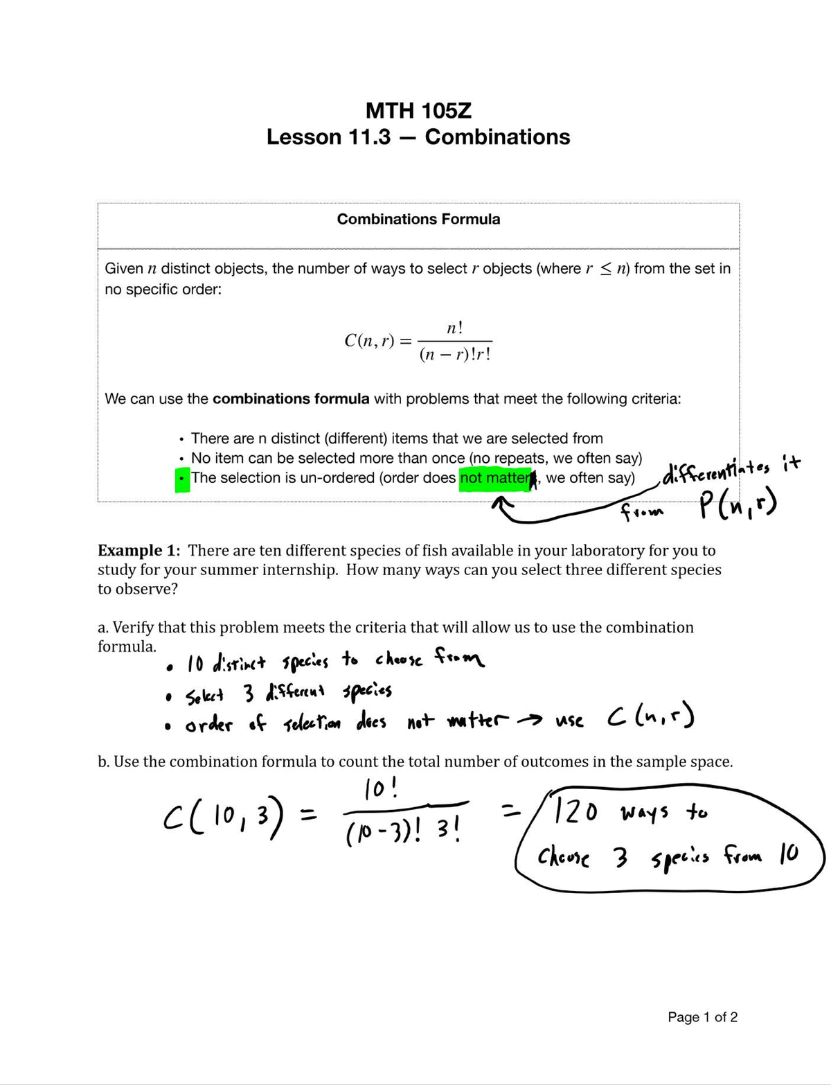 MTH 105Z Lesson 11.3: Combinations and Selection Formula Explained ...