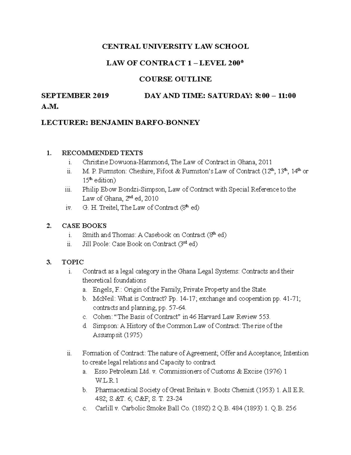 Central University LAW School - LAW OF Contract 1 - Course Outline 2 ...