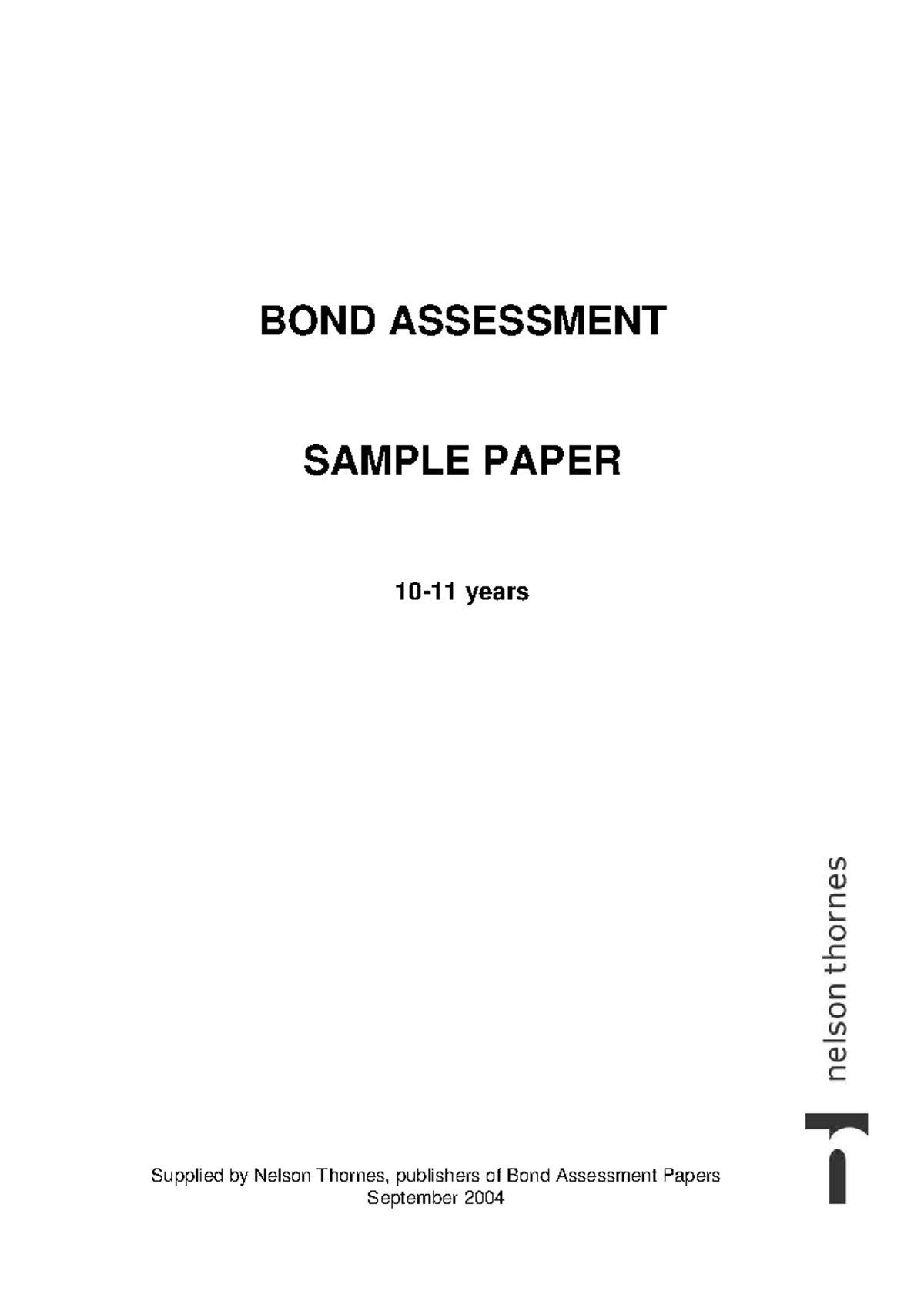 Bond Assessment 11 Plus Maths Sample Paper 2004 - Studocu