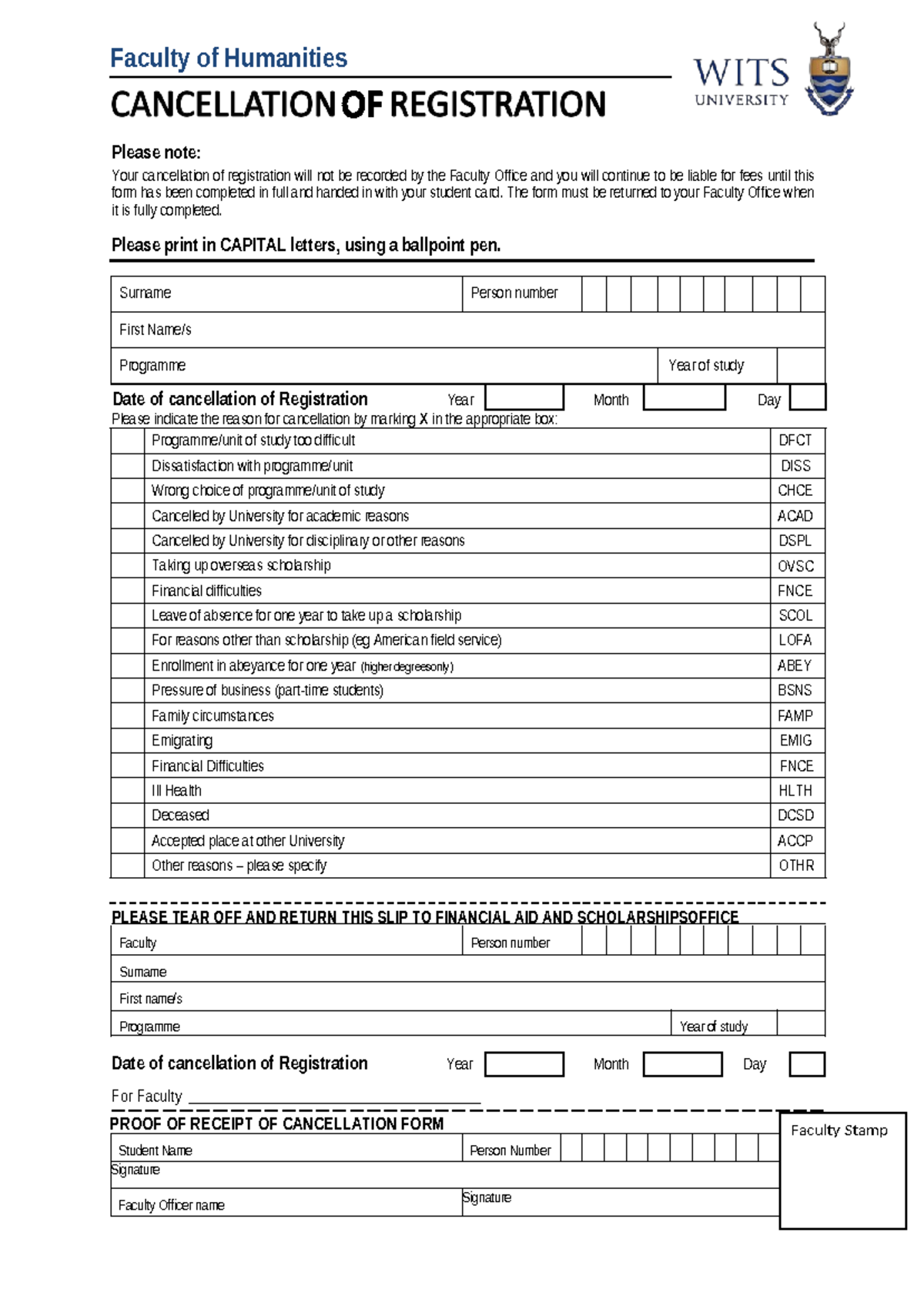 Cancellation Form UG - Cancelation form - Faculty of Humanities Please ...