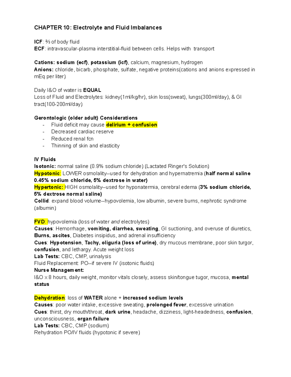 Exam 1 Review: Fluid and Electrolyte Imbalances in Health Care - Studocu