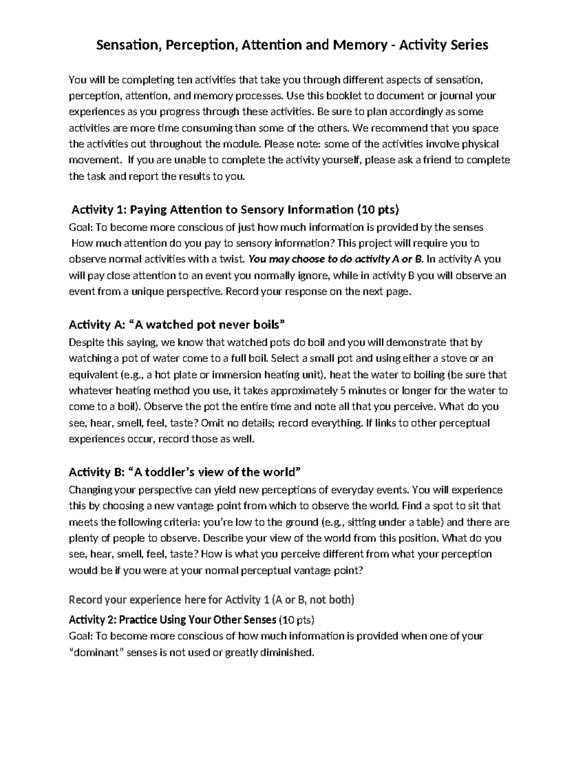 Sensation, Perception, Attention, and Memory Activity - Sensation ...