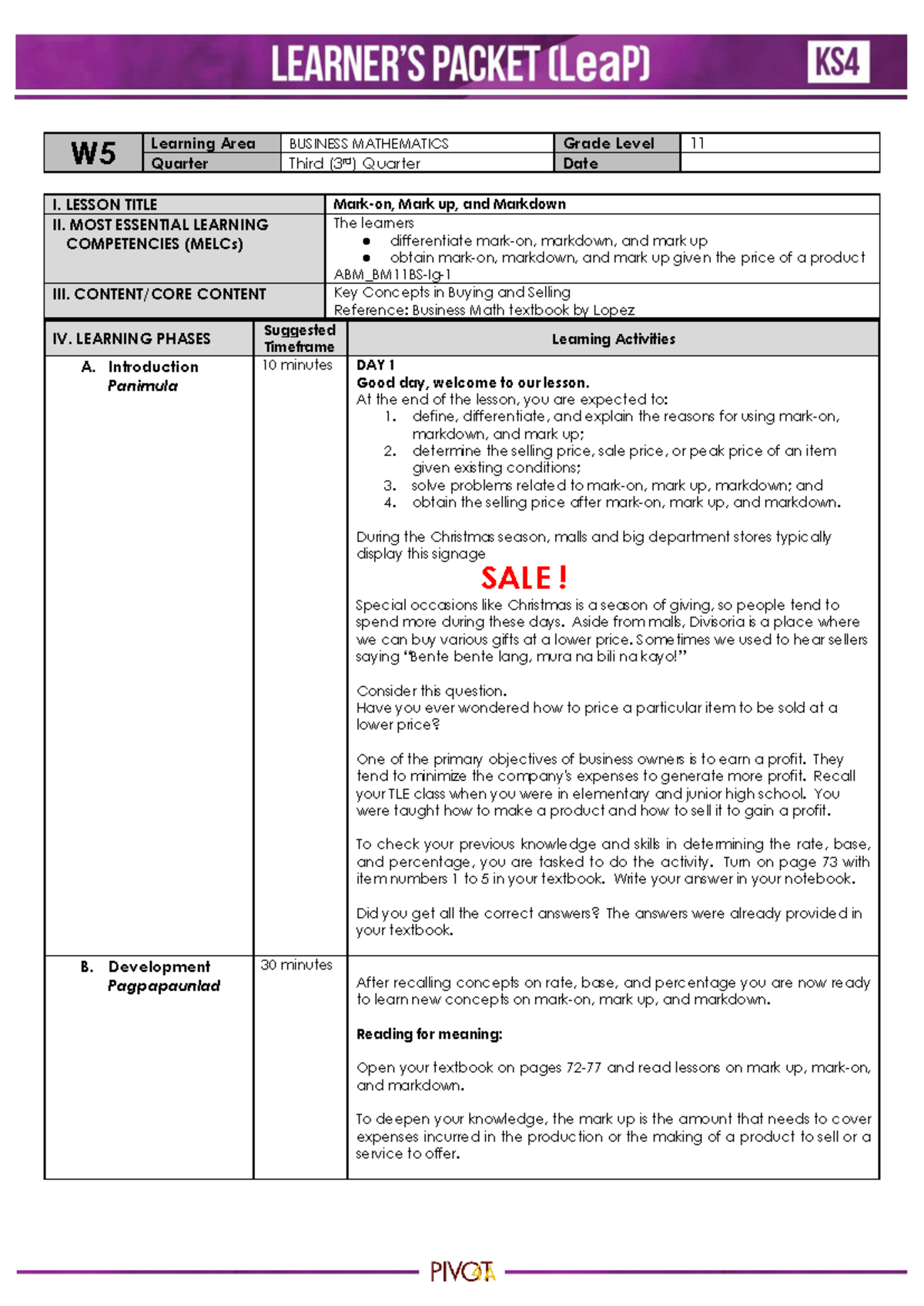 ABM Business Math Lesson: Understanding Mark-on, Markup & Markdown ...