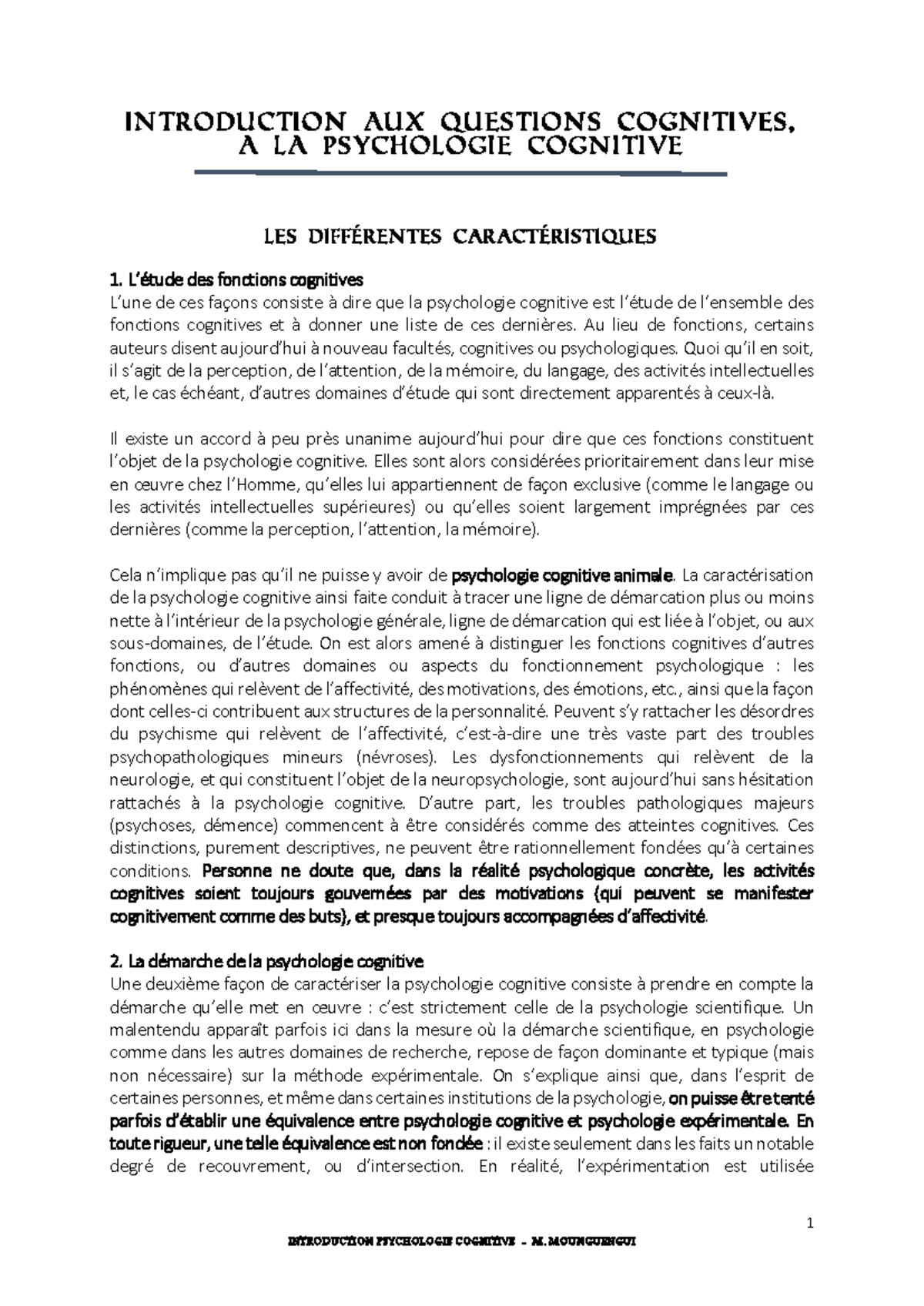 Note de cours Introduction a la Psychologie Cognitive - 1 INTRODUCTION ...