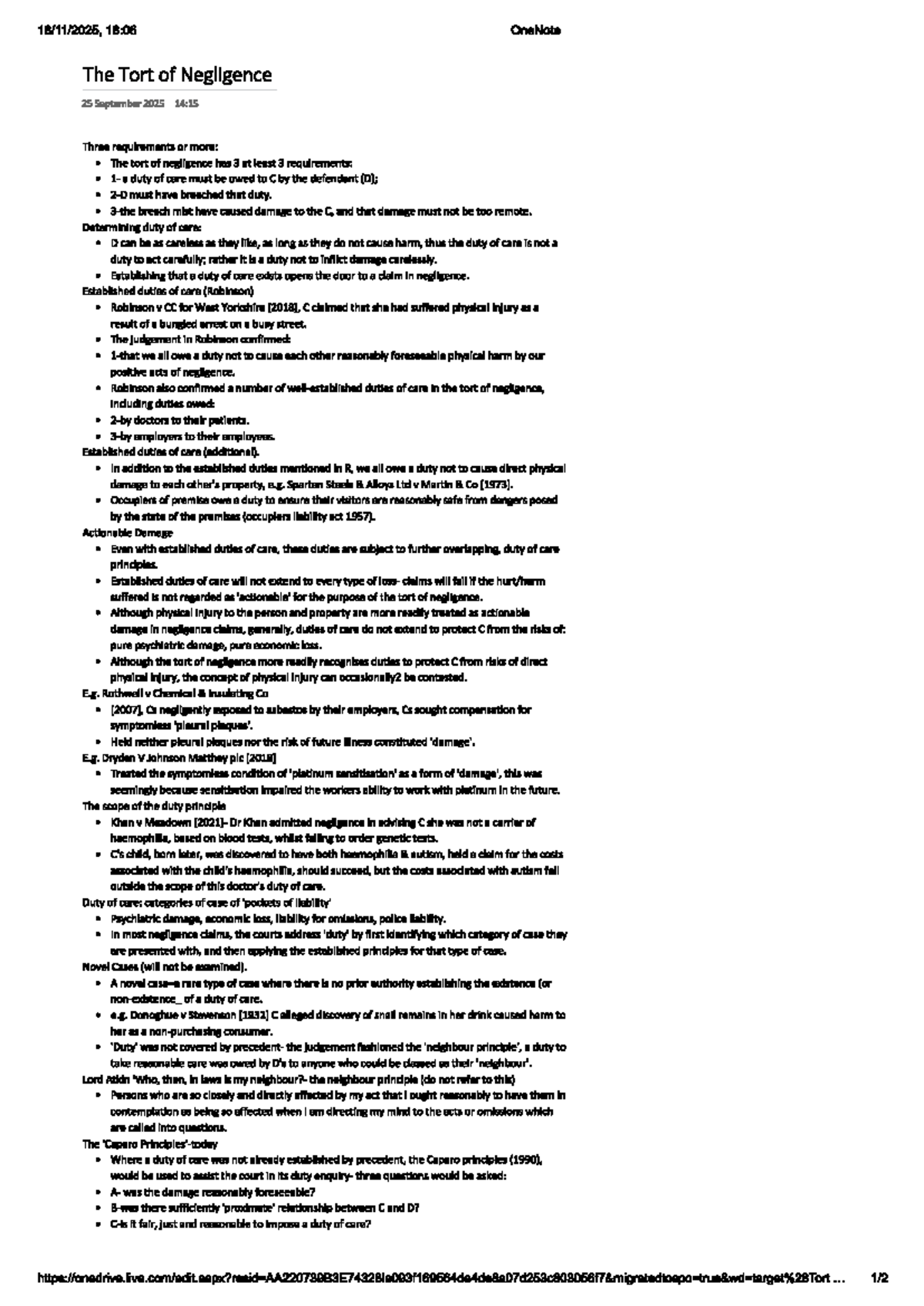 18:06 Law Lecture Notes: The Tort of Negligence Overview - Studocu