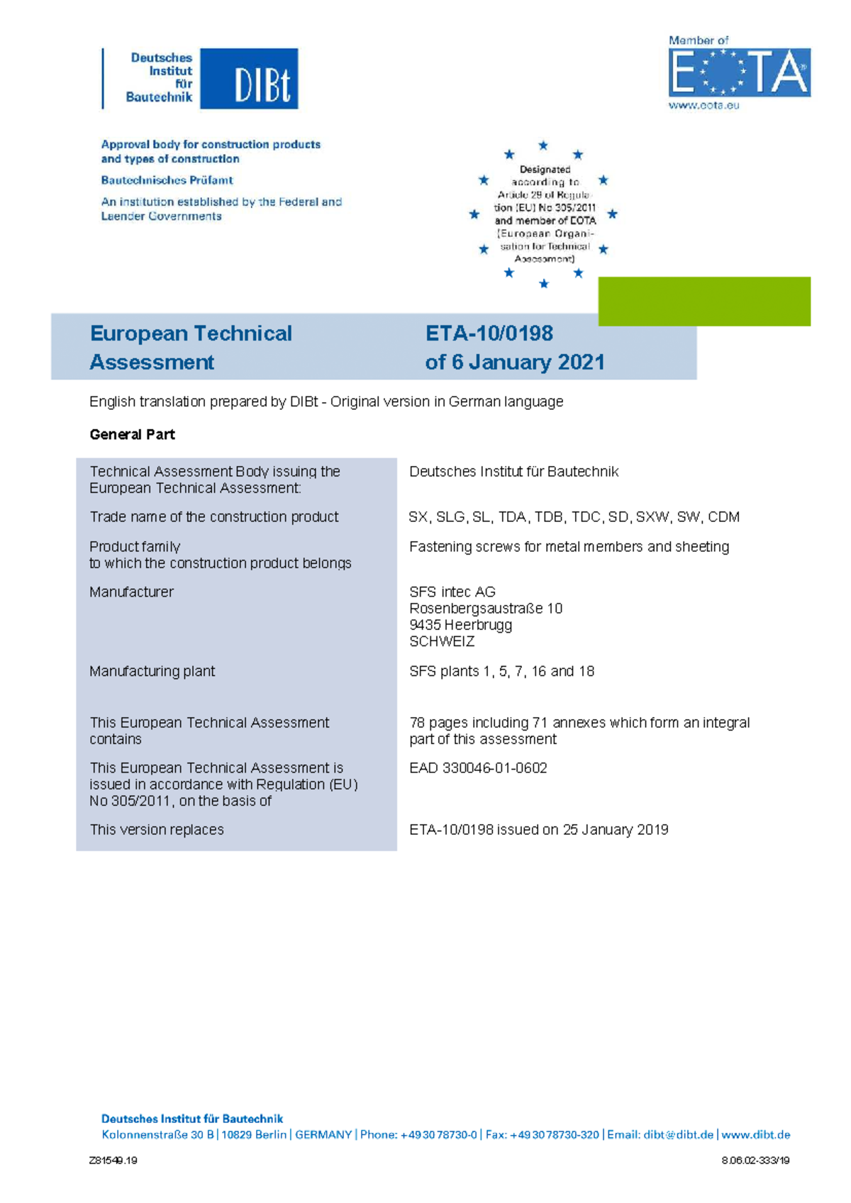 European Technical Assessment ETA 10 0198 for SFS Fastening Screws ...