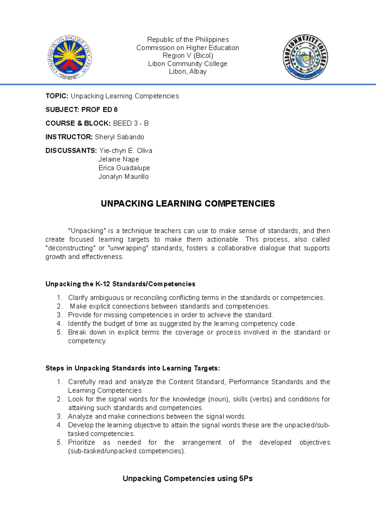 Unpacking Learning Competencies in PROF ED 8 (BEED 3 B) - Studocu