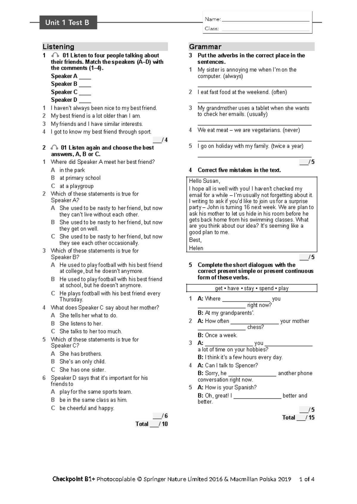 Checkpoint B1+ Unit 1 Listening & Grammar Test B - Studocu
