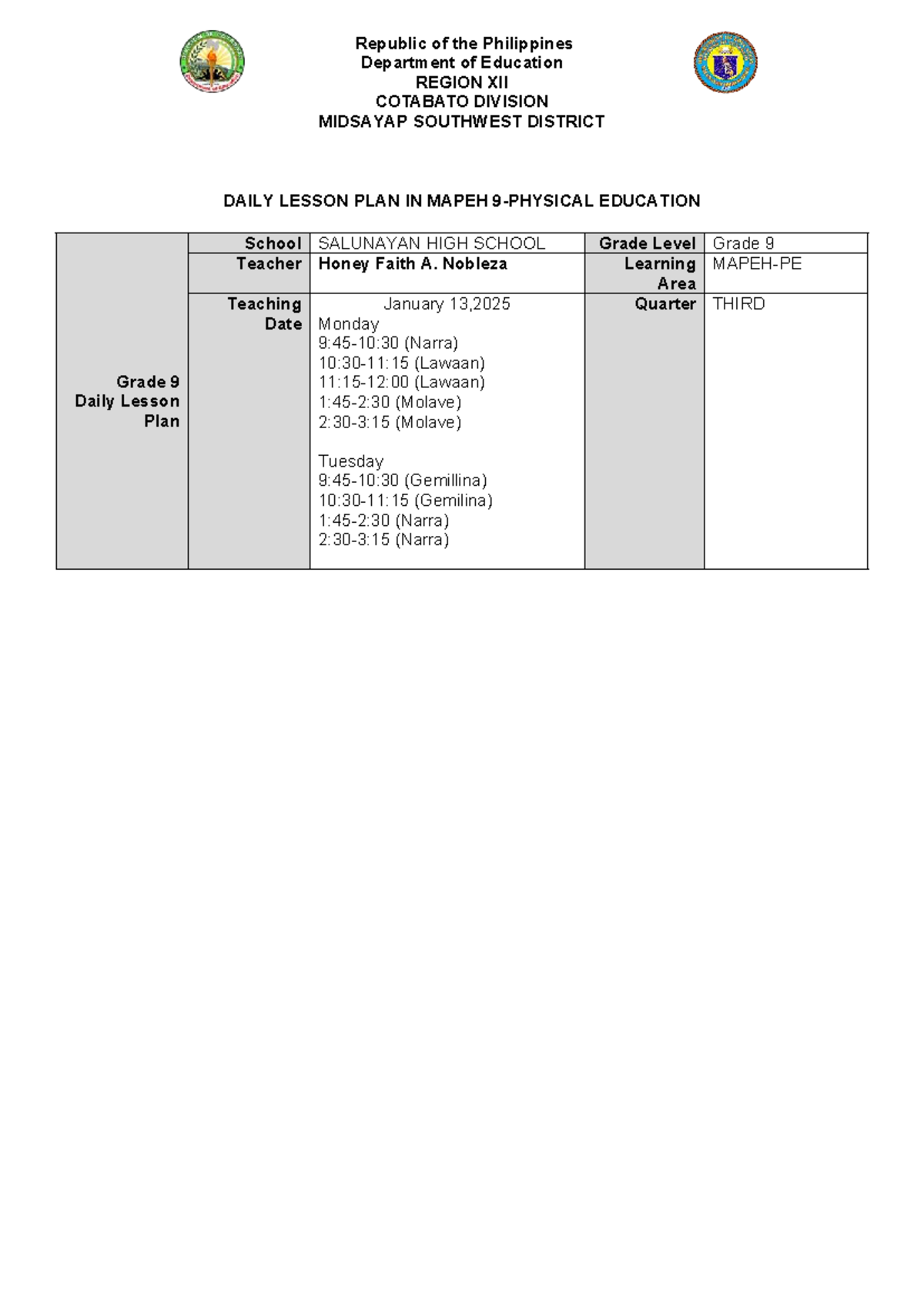Grade 9 MAPEH Daily Lesson Plan - Festival Dance (Q3) - Studocu