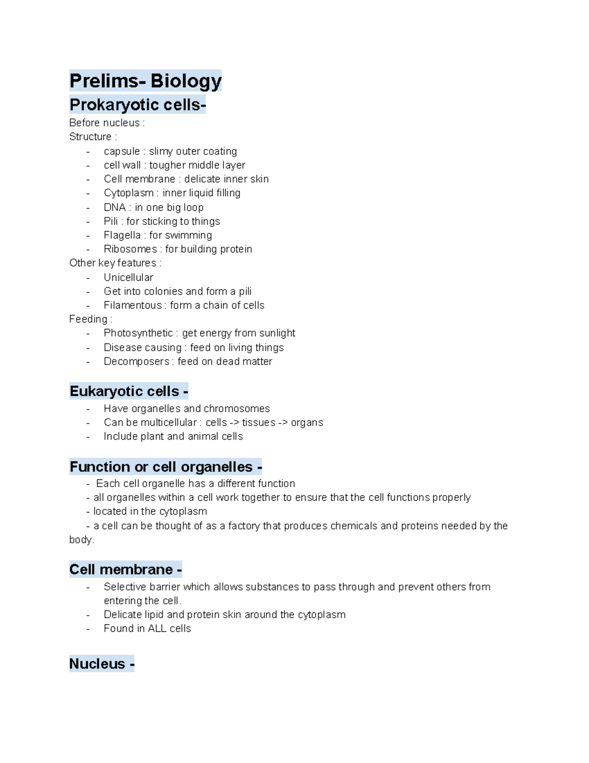 Prelims - Biology: Prokaryotic and Eukaryotic Cell Structures - Studocu