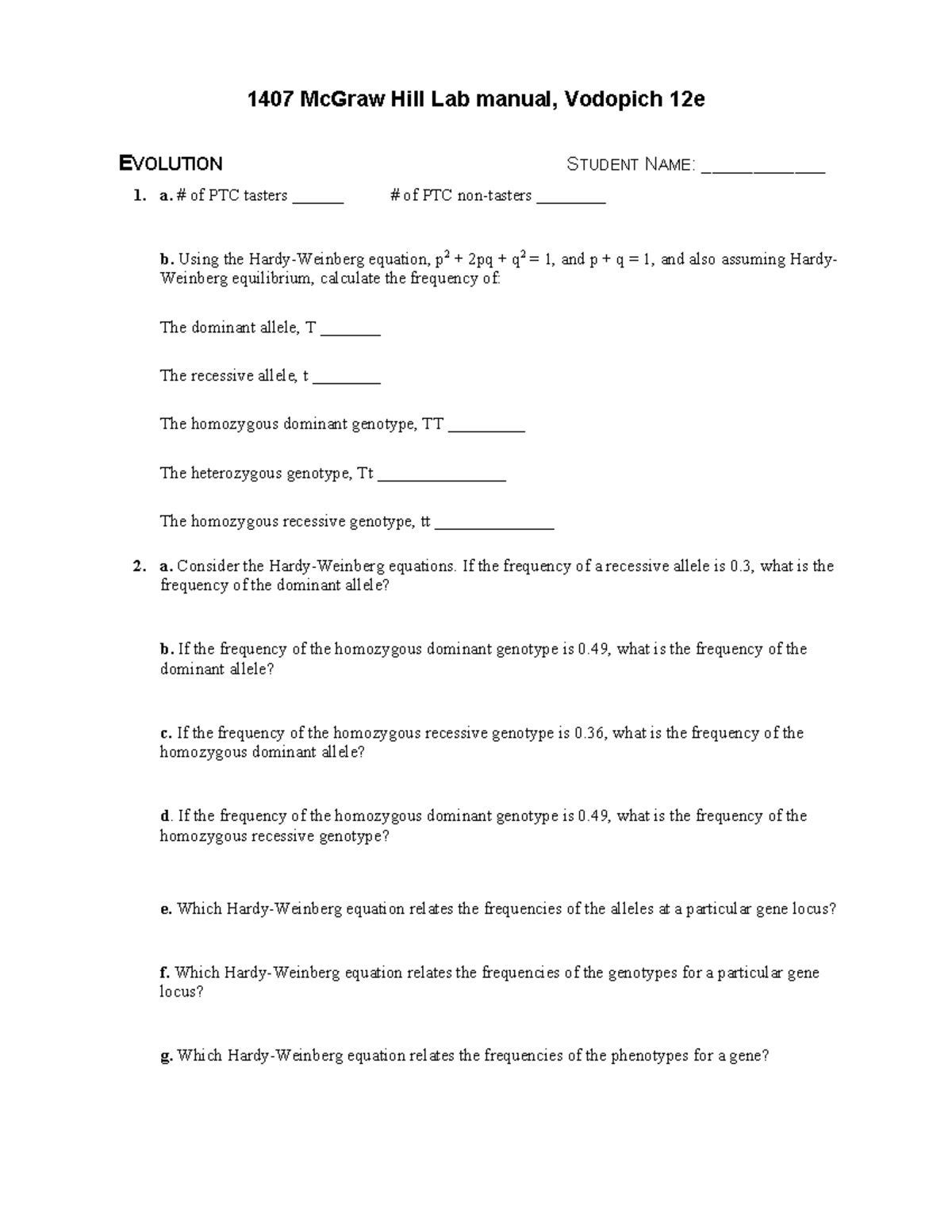 1407 EVOLUTION Lab Manual: Hardy-Weinberg Calculations and Analysis ...