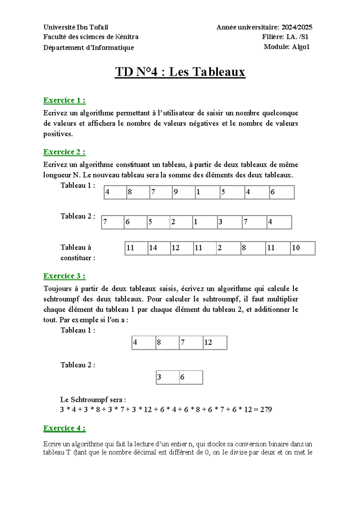 TD Algorithmique N 4 Les tableaux - Département d’Informatique TD N°4 ...