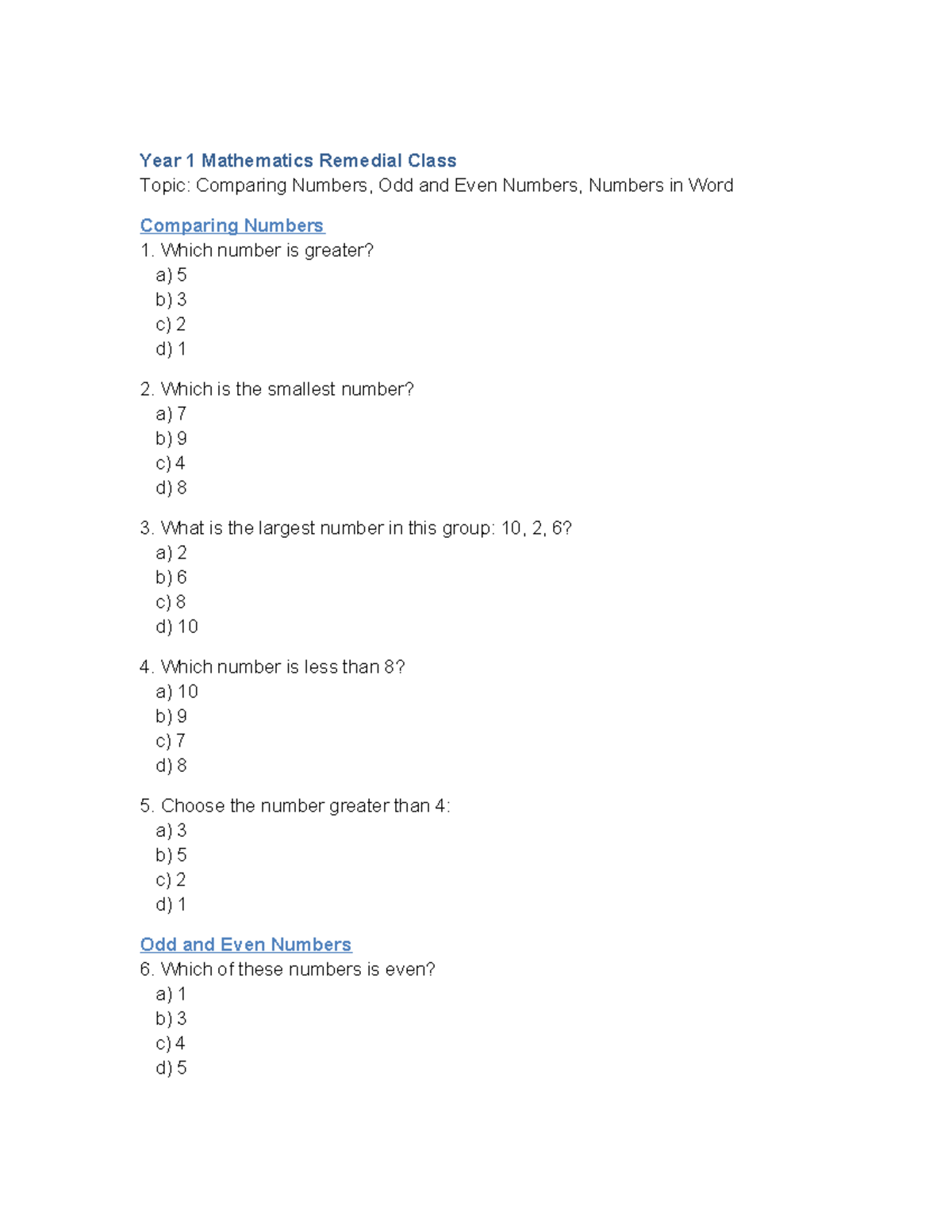 Remedial lesson - Year 1 Mathematics Remedial Class Topic: Comparing ...