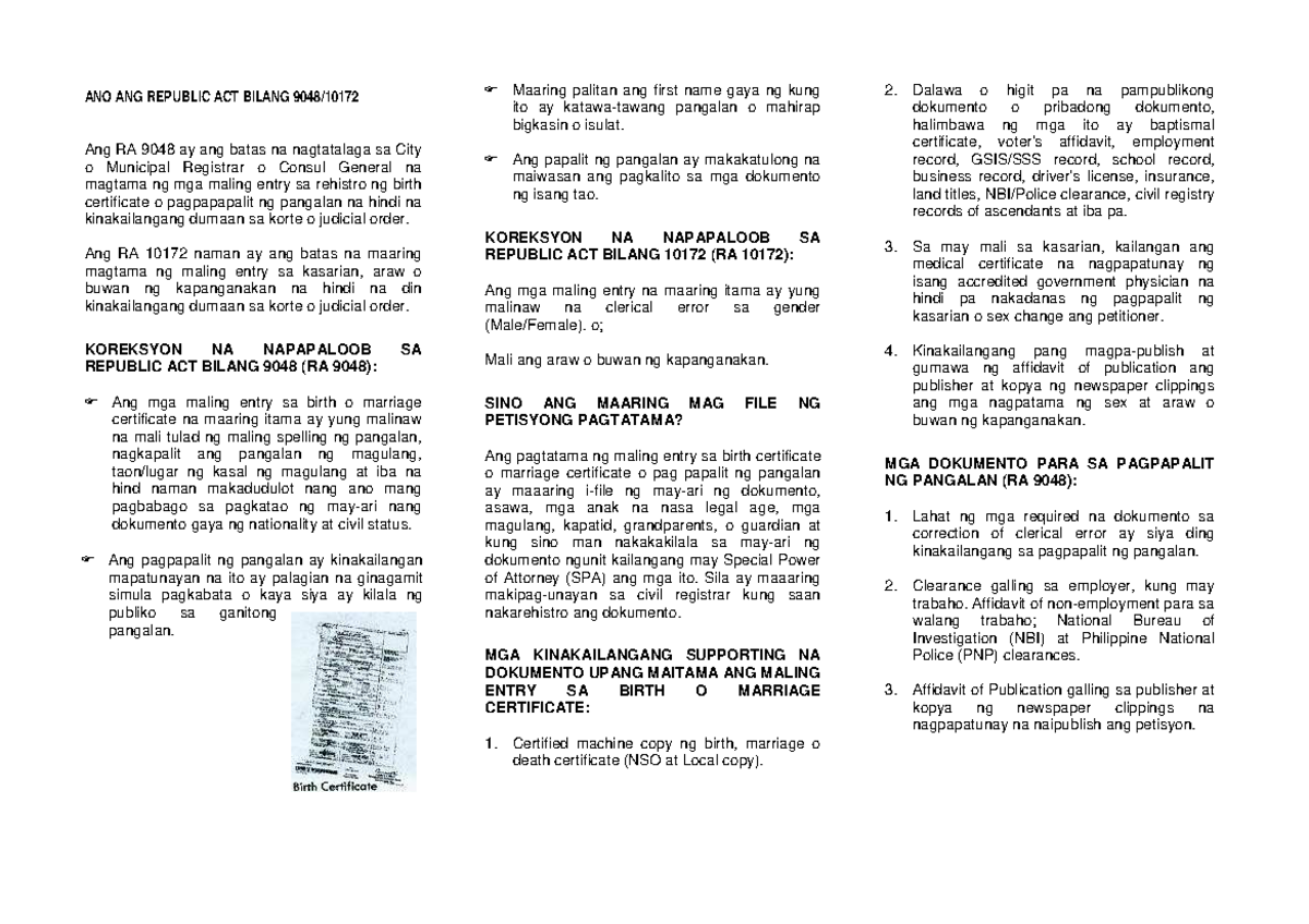 RA 10172 - Mga Prosesong Pagtatama ng Mali sa Birth at Marriage ...