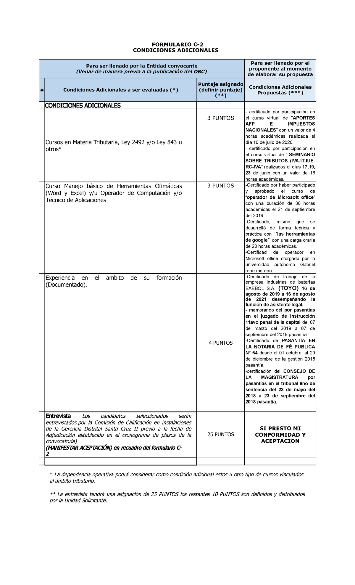 Formulario C-2: Condiciones Adicionales y Evaluación de Propuestas ...