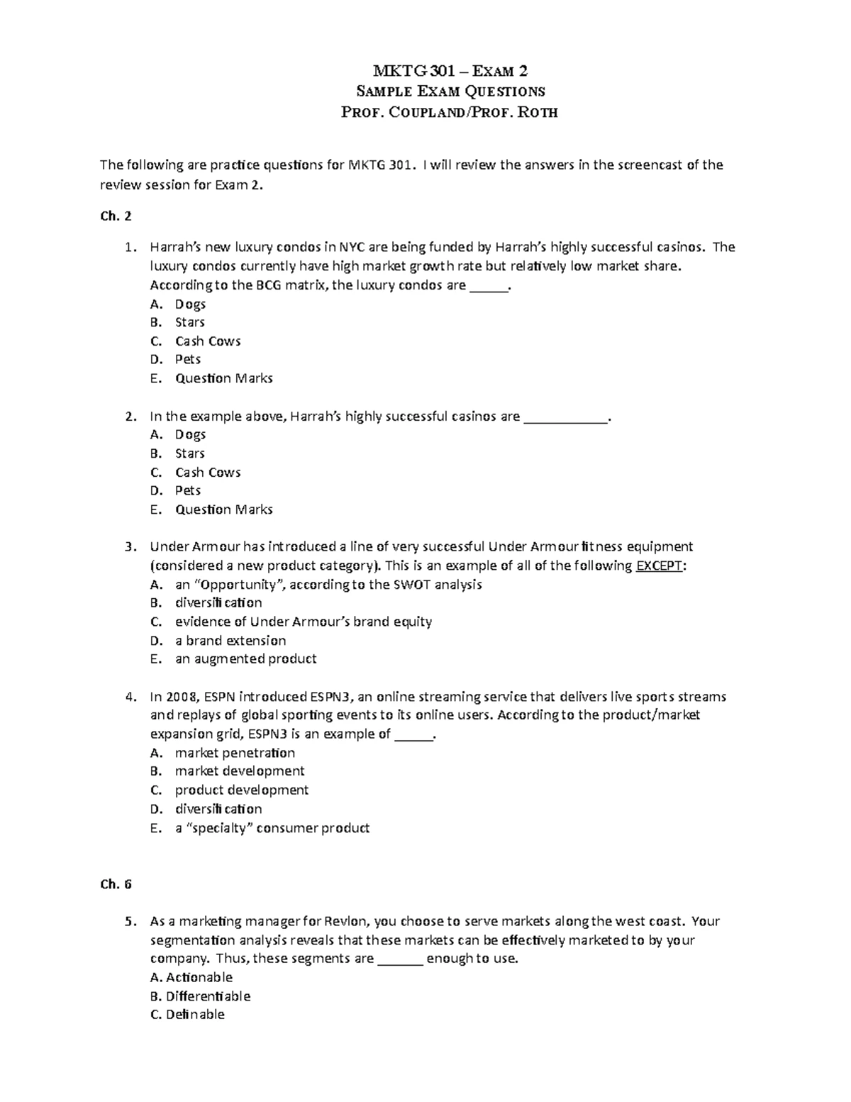 MKTG 301 - Exam 2 Sample Questions for Practice & Review - Studocu