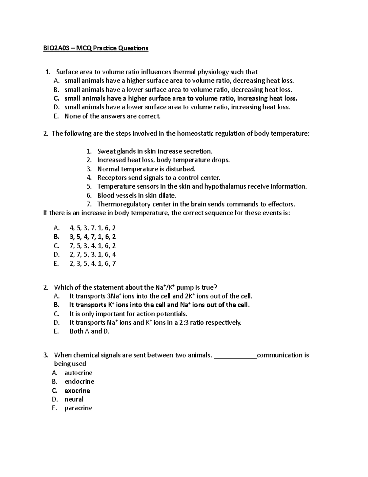 BIO2A03 Practice Midterm MCQ Questions and Answers - Studocu