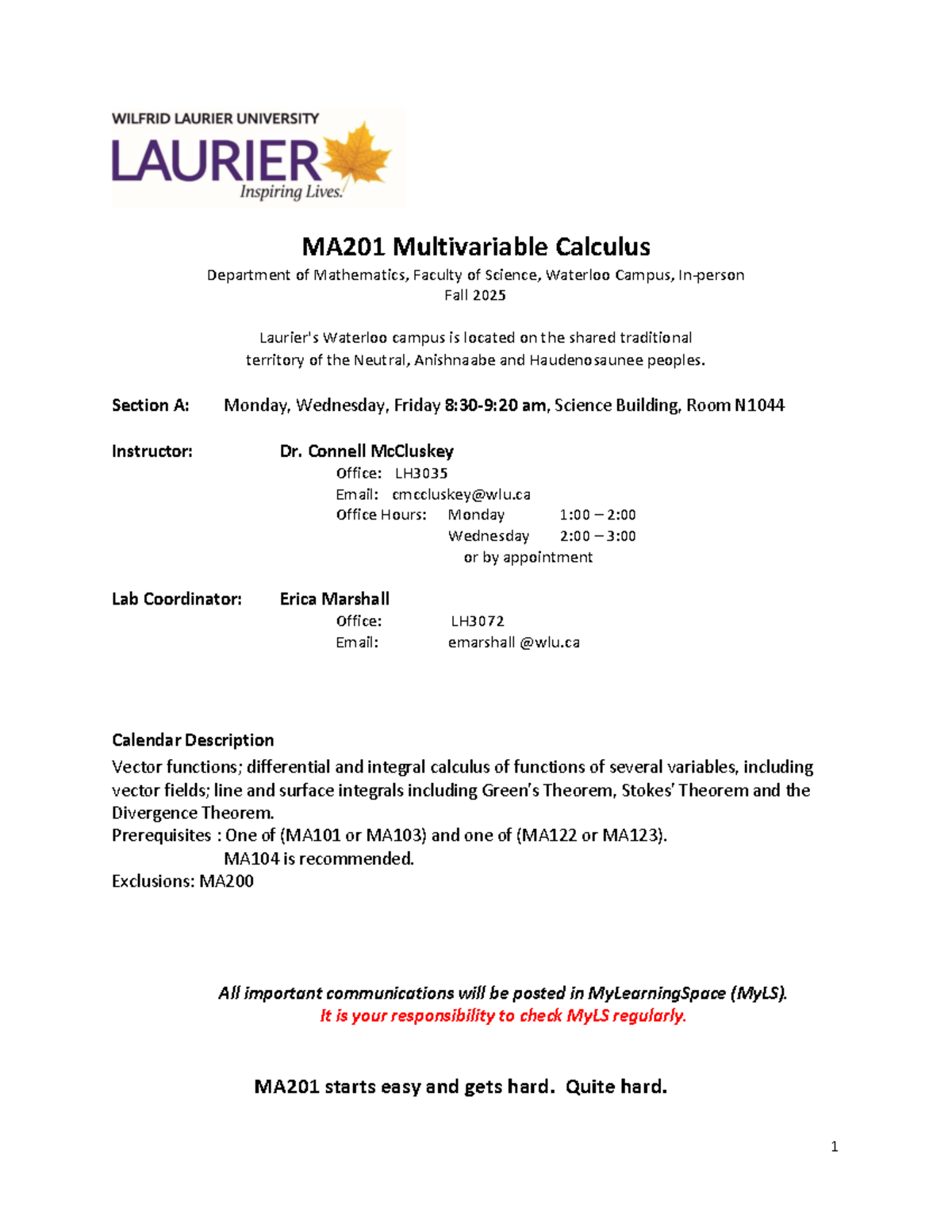 MA201 Multivariable Calculus - Fall 2025 Course Outline - Studocu