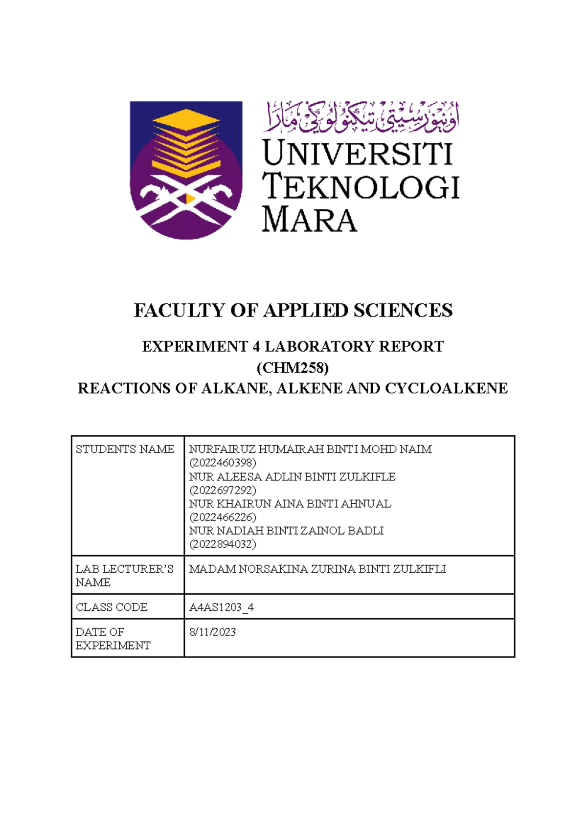 Lab Report: CHM 258 - Experiment 4 on Hydrocarbons Analysis - Studocu