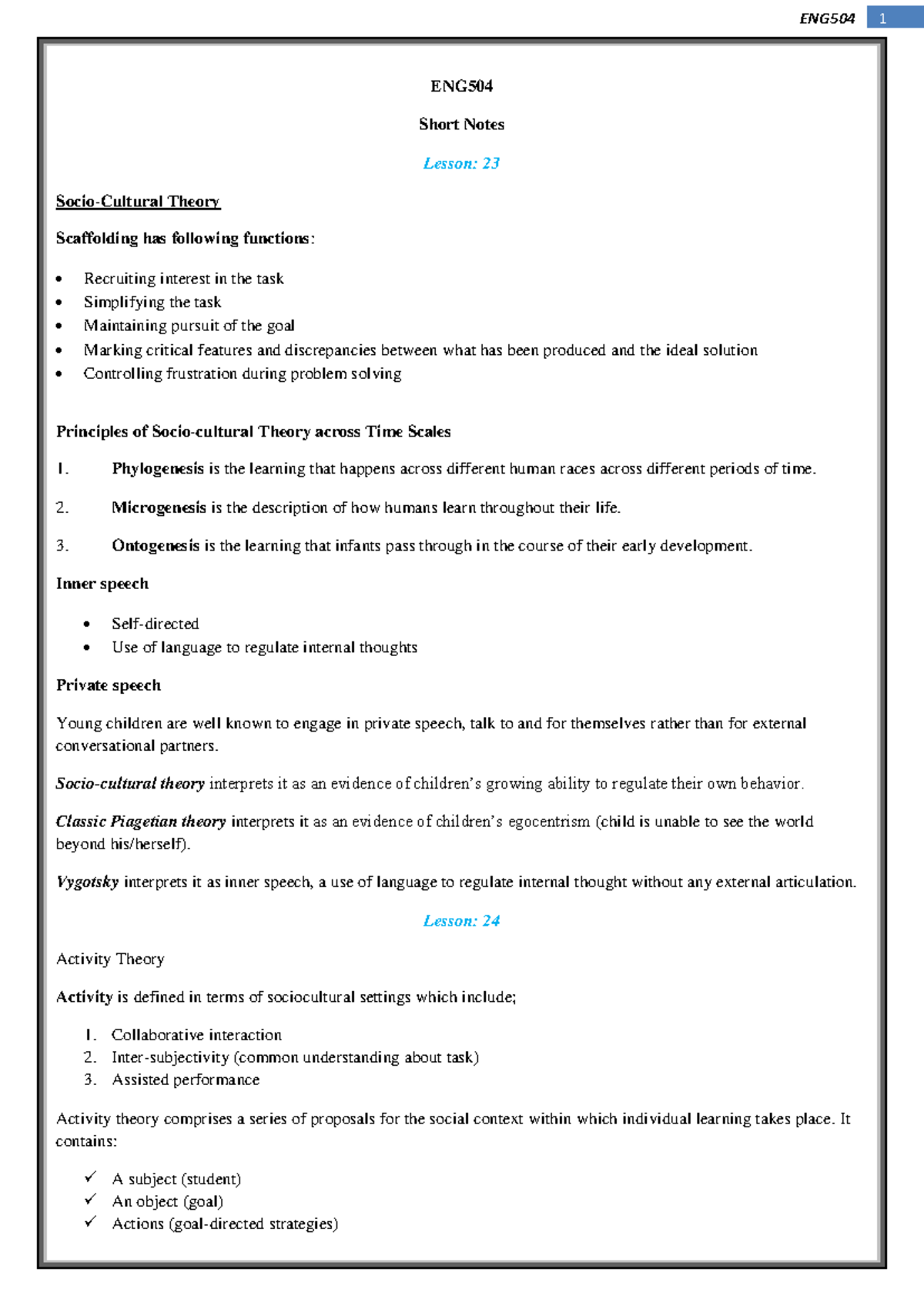 ENG504 Comprehensive Notes: Lessons 23-45 on Scaffolding & SLL - Studocu