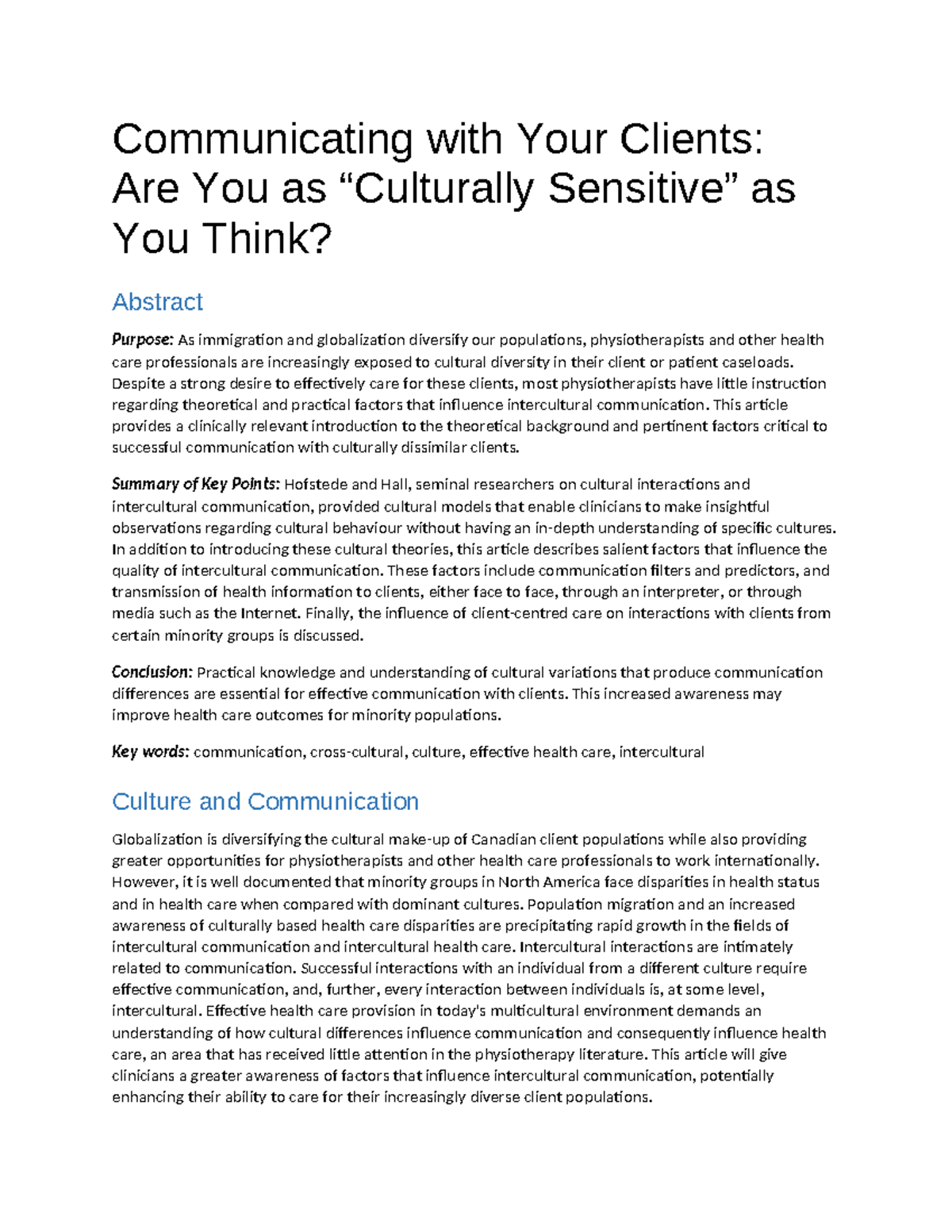 Intercultural Communication in Healthcare: Insights for ...