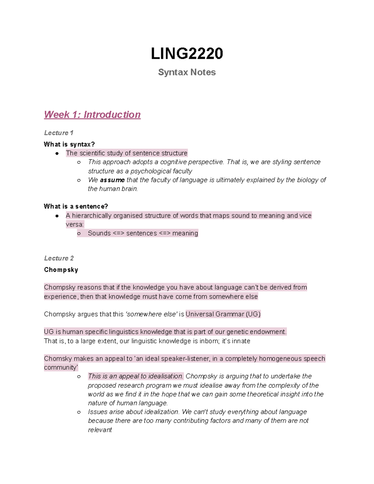 LING2220 - Syntax - notes - LING Syntax Notes Week 1: Introduction ...