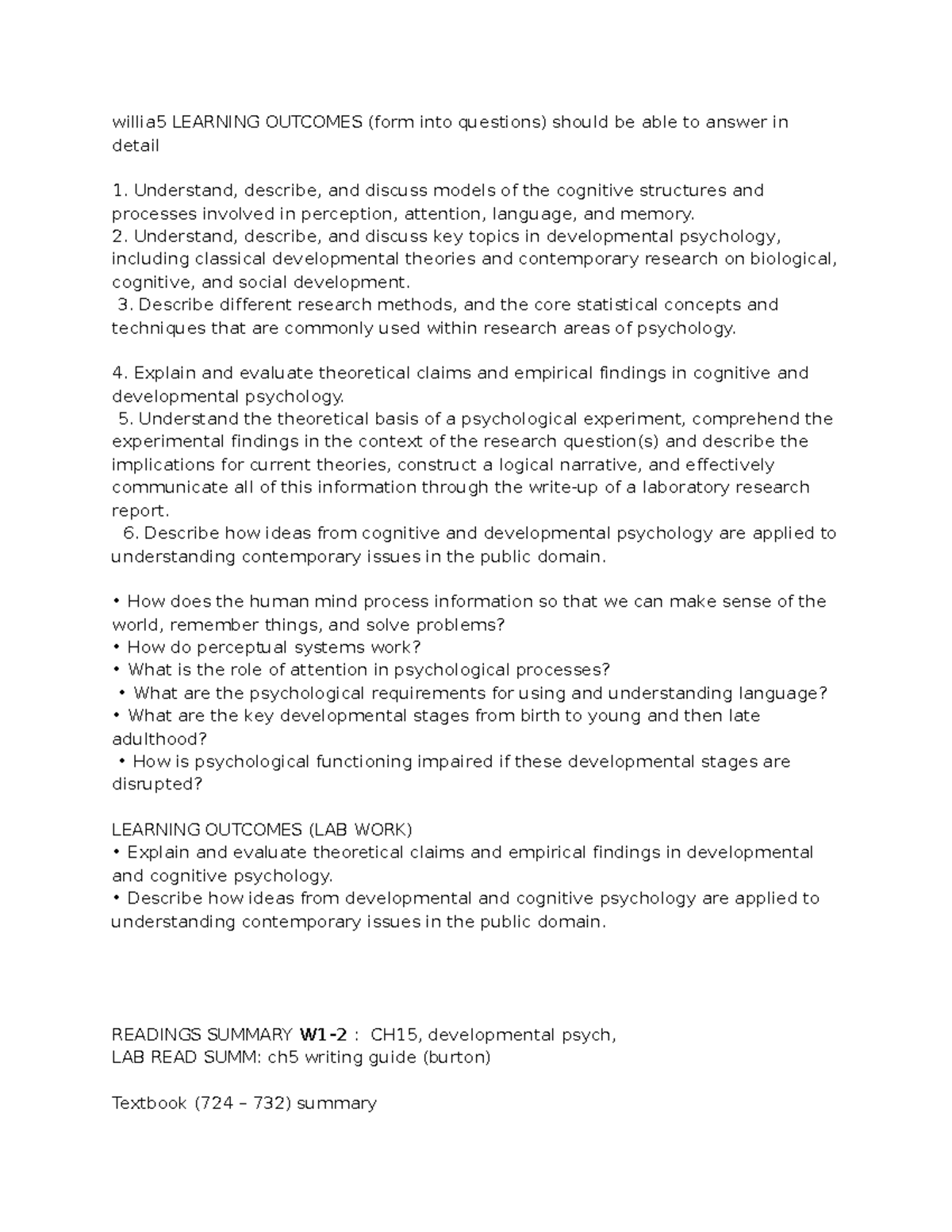 Psych N 1003 - semester 1 notes encompassed - willia5 LEARNING OUTCOMES ...
