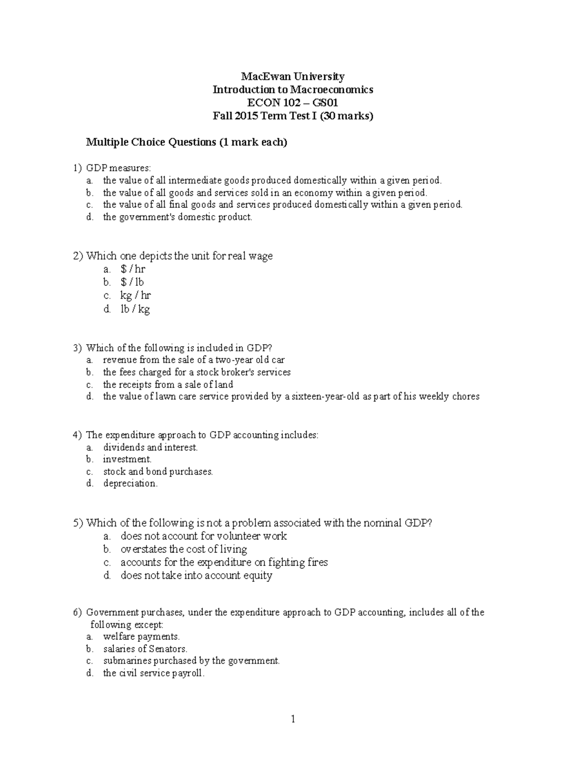 ECON 102 - Fall 2015 Term Test I Sample Questions and Answers - Studocu