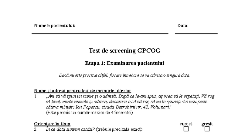 Test de Screening GPCOG Etapa 1: Examinarea Pacientului - Studocu