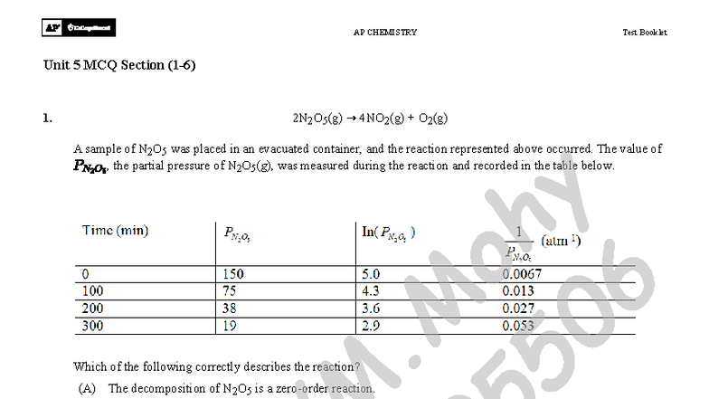 AP CHEMISTRY Unit 5 MCQ Test Booklet Sections 1-6 - Studocu