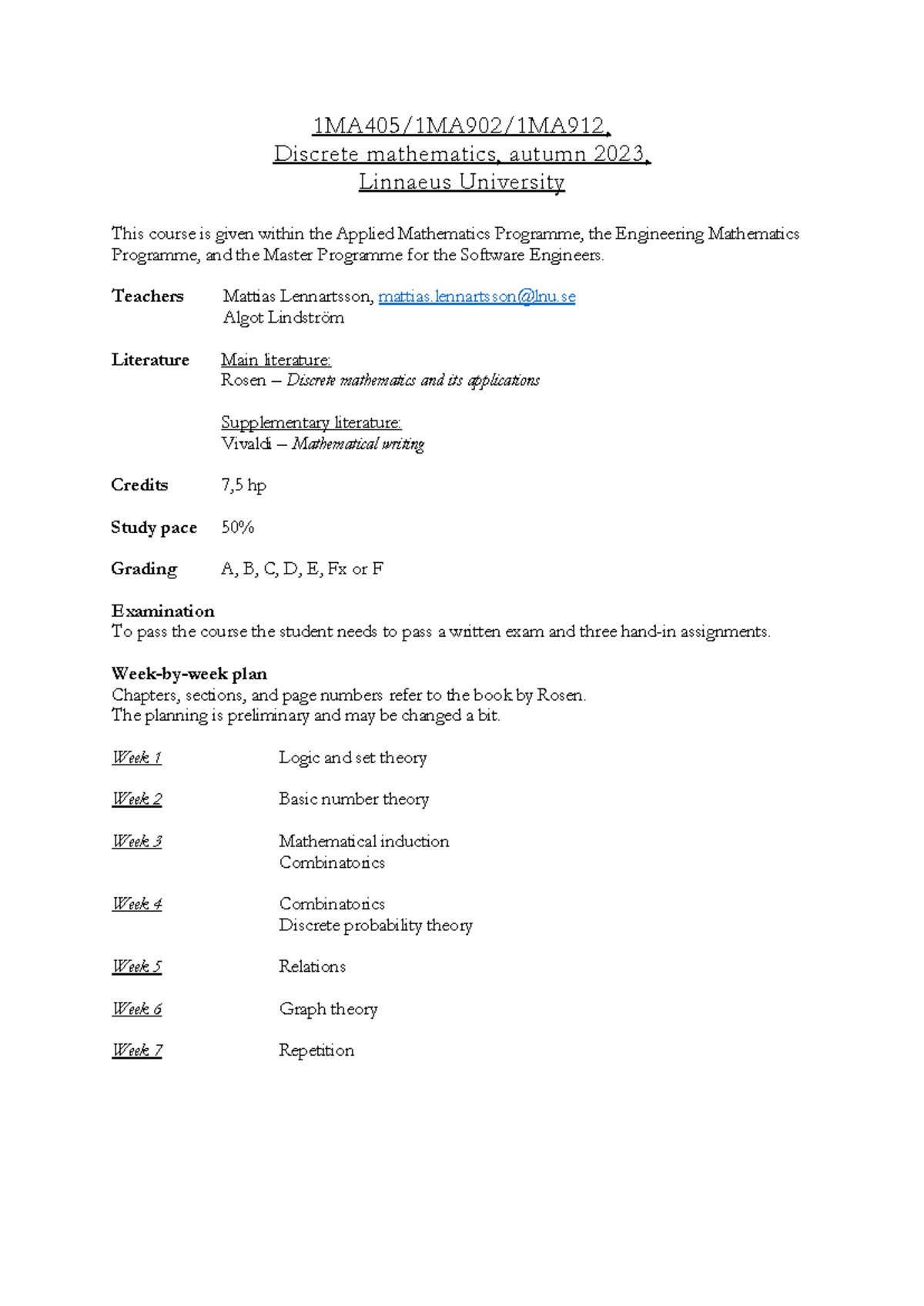1MA405/1MA902/1MA912 Discrete Math Course Outline, Autumn 2023 - Studocu